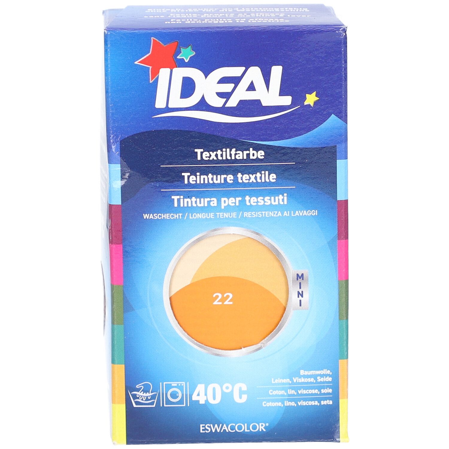 Kartonverpackung mit Textilfarbe. Aufschrift: IDEAL, Textilfarbe, Mini, Nr. 22. Farbkreis in Orange-Gelb. Waschsymbol.