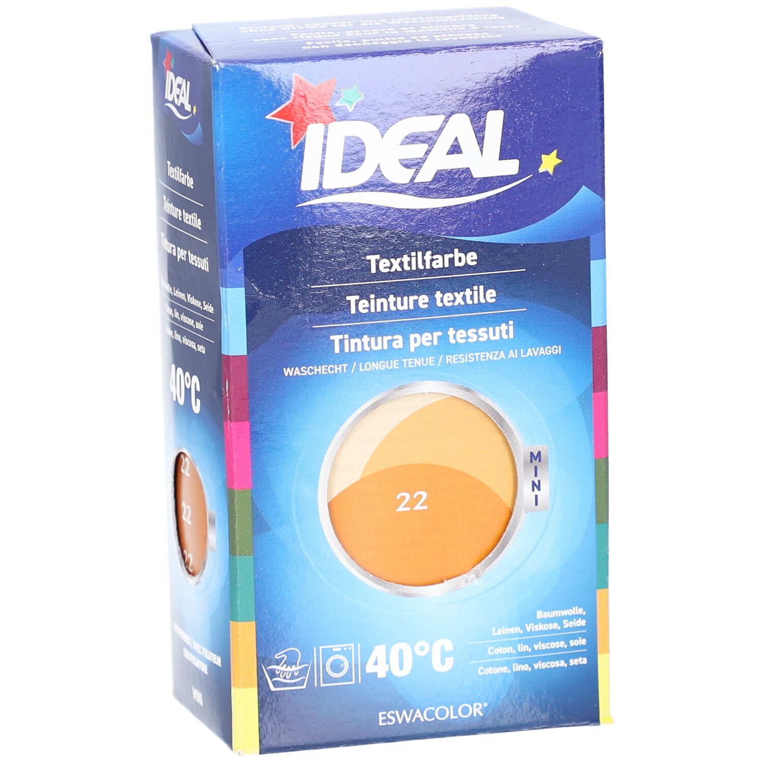 Kartonverpackung mit Textilfarbe. Aufschrift: IDEAL, Textilfarbe, Mini, Nr. 22. Farbkreis in Orange-Gelb. Waschsymbol.