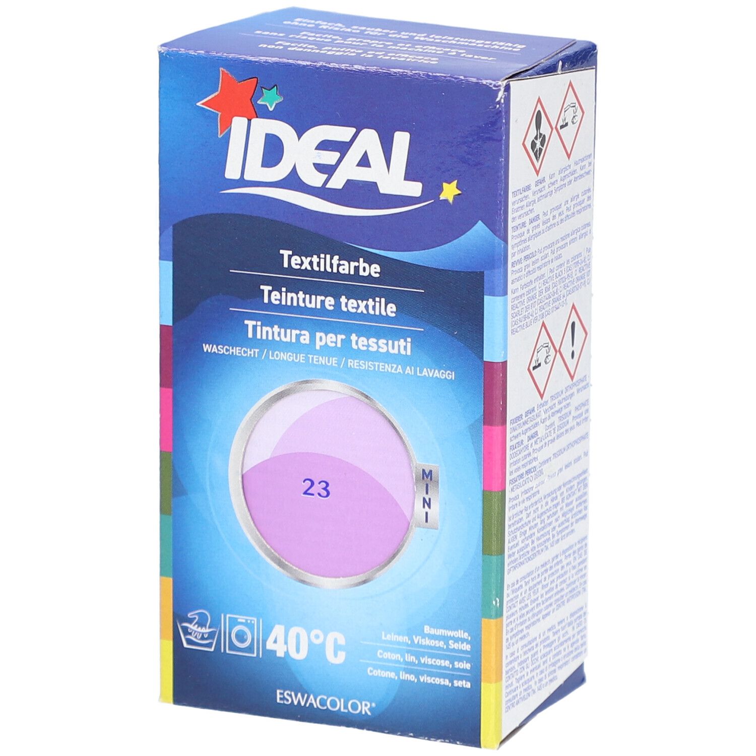 Ideal MINI Textilfarbe, Farbton 23 Flieder, in Kartonverpackung. Waschbar bei 40°C. Enthält Baumwolle, Leinen, Viskose, Seide.