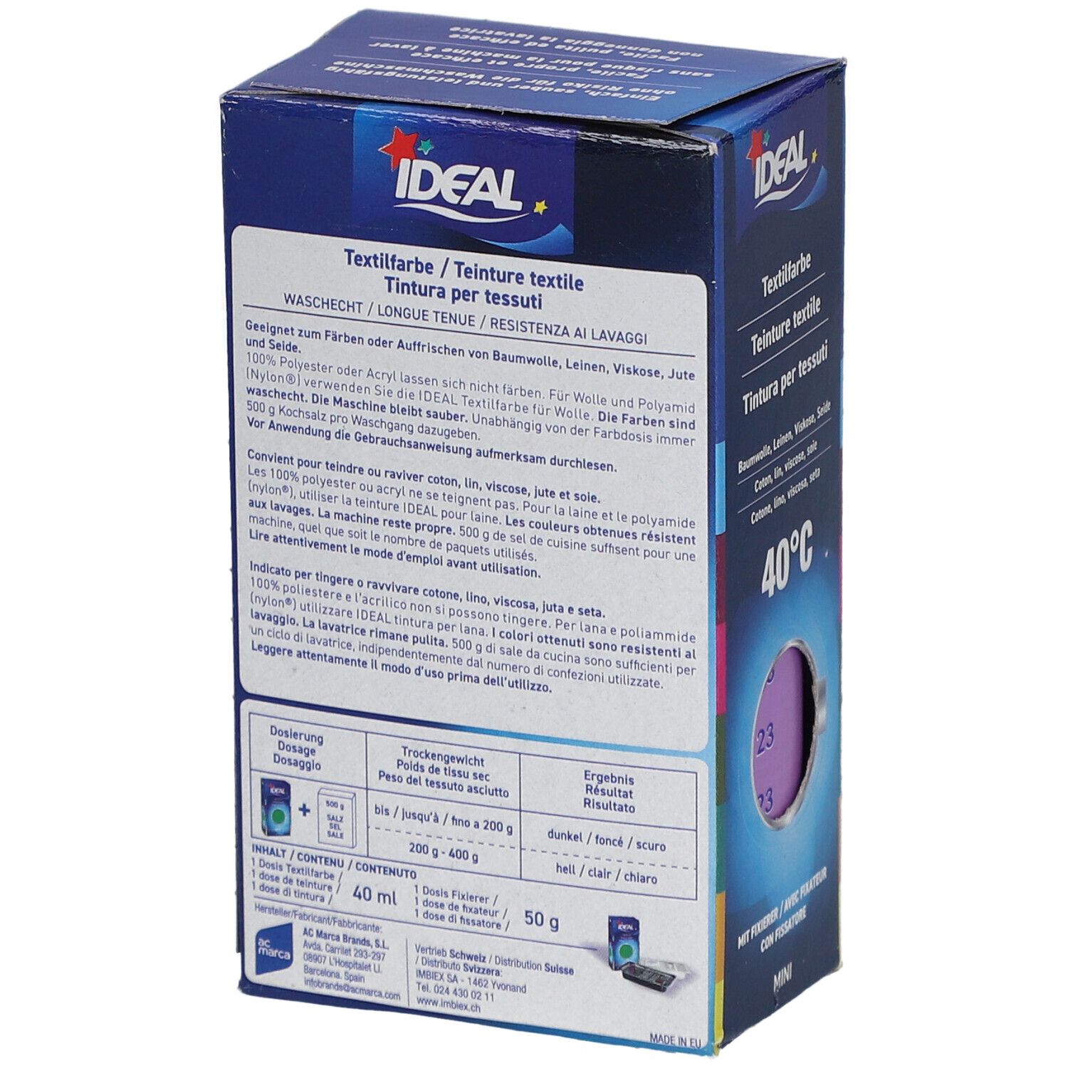 Rückseite der Ideal MINI Textilfarben-Verpackung. Enthält Informationen zu Inhaltsstoffen, Dosierung und Waschhinweisen.