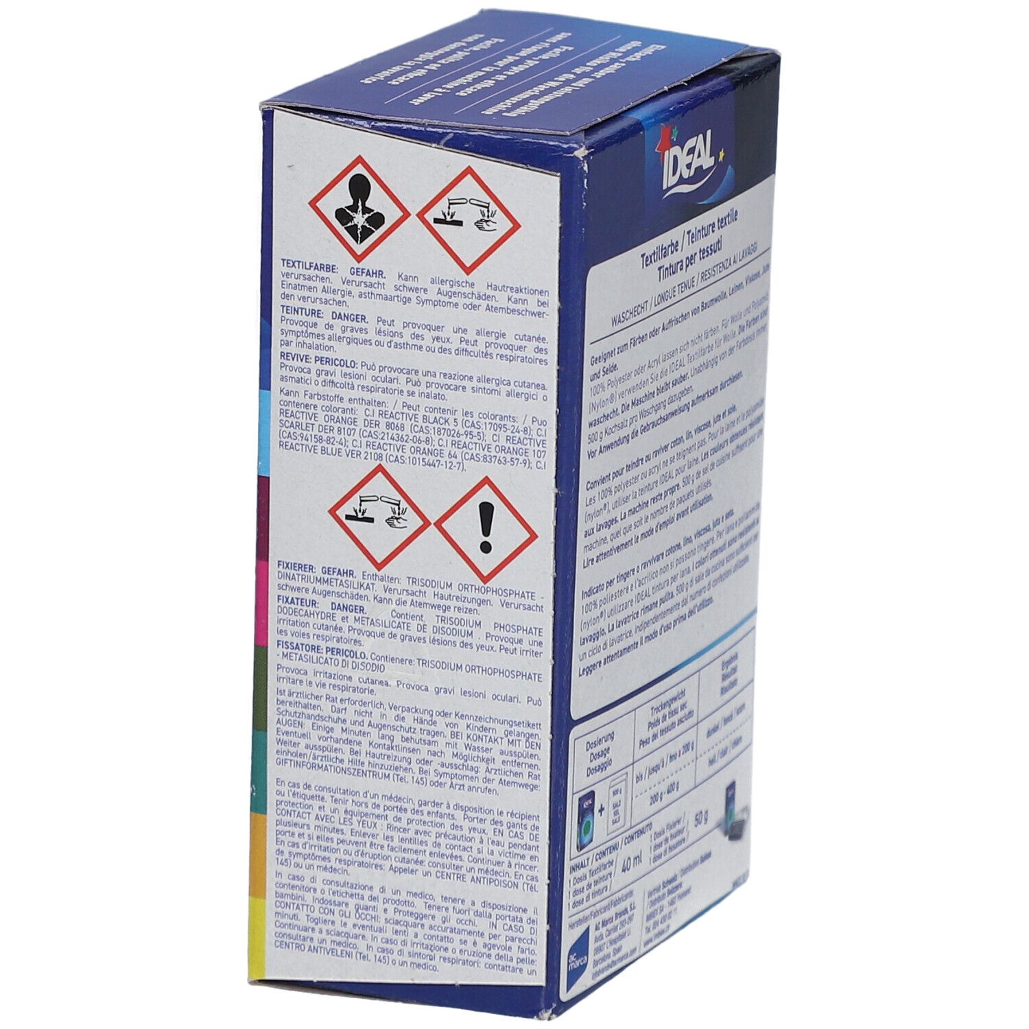 Rückseite der Ideal MINI Textilfarben-Verpackung. Warnhinweise und Informationen zu Inhaltsstoffen.