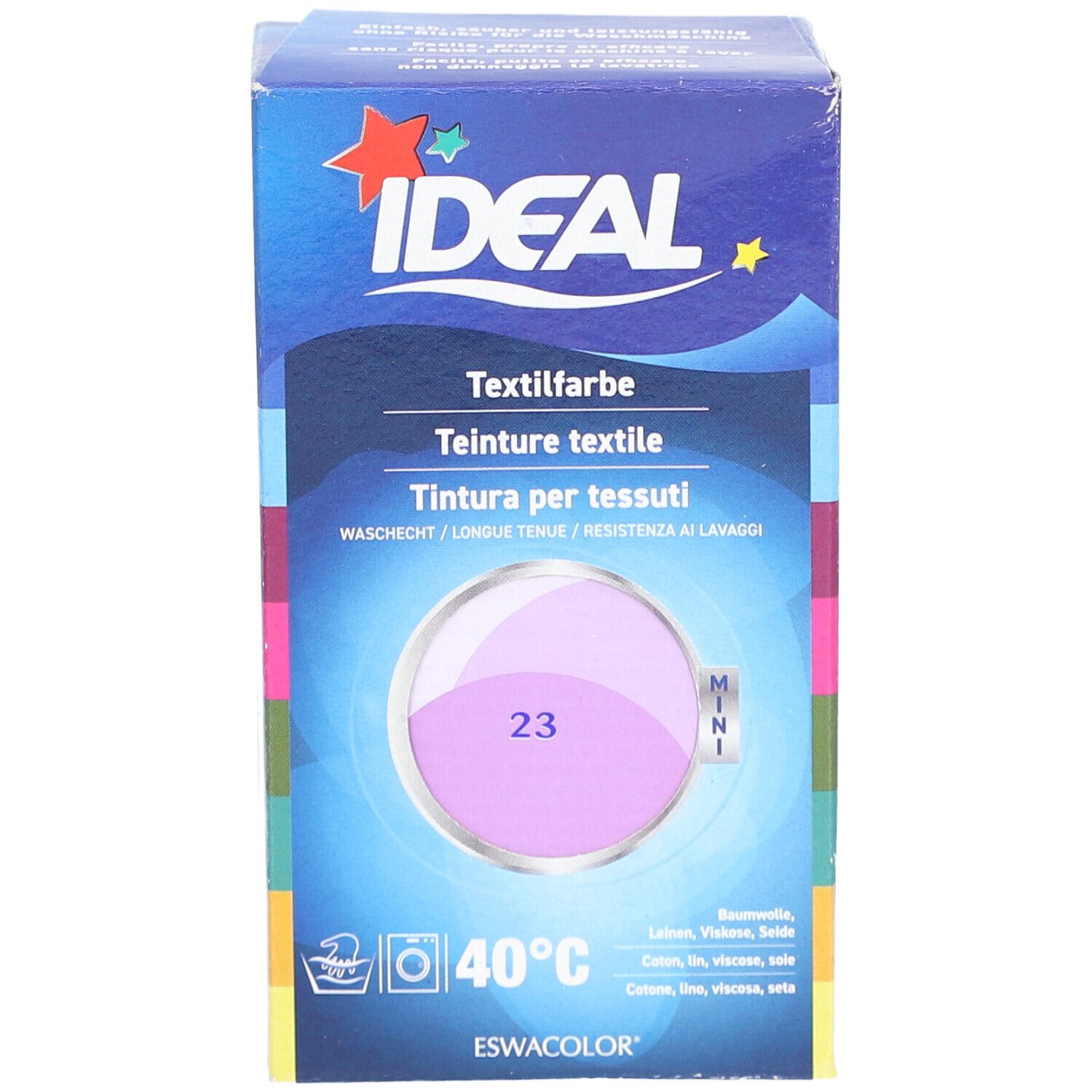 Ideal MINI Textilfarbe, Farbton 23 Flieder, in Kartonverpackung. Waschbar bei 40°C. Enthält Baumwolle, Leinen, Viskose, Seide.