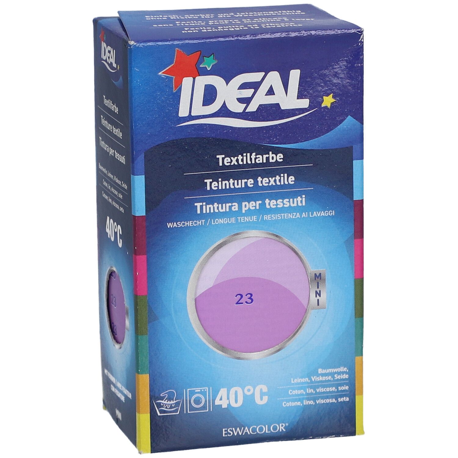 Ideal MINI Textilfarbe, Farbton 23 Flieder, in Kartonverpackung. Waschbar bei 40°C. Enthält Baumwolle, Leinen, Viskose, Seide.