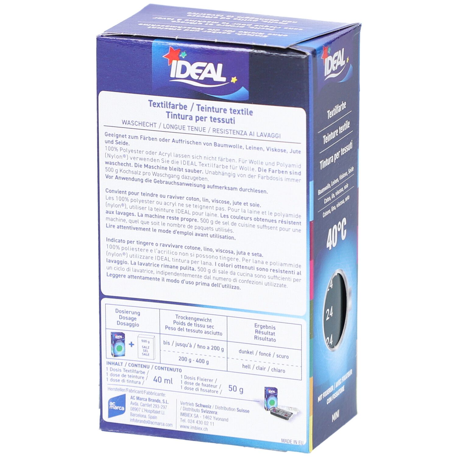 Rückseite der Textilfarben-Verpackung. Informationen zu Inhaltsstoffen, Dosierung und Anwendung. Marke IDEAL.