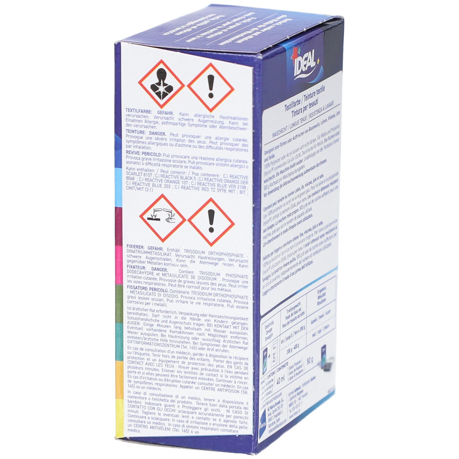 Seite der Textilfarben-Verpackung. Warnhinweise und Gefahrensymbole. Marke IDEAL.