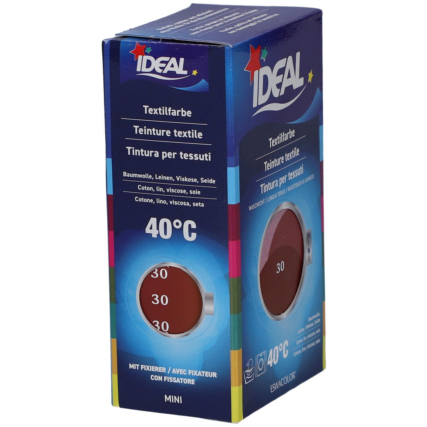 IDEAL Textilfarbe Box mit Hinweis auf 40°C Waschtemperatur und Eignung für Baumwolle, Leinen, Viskose, Seide.