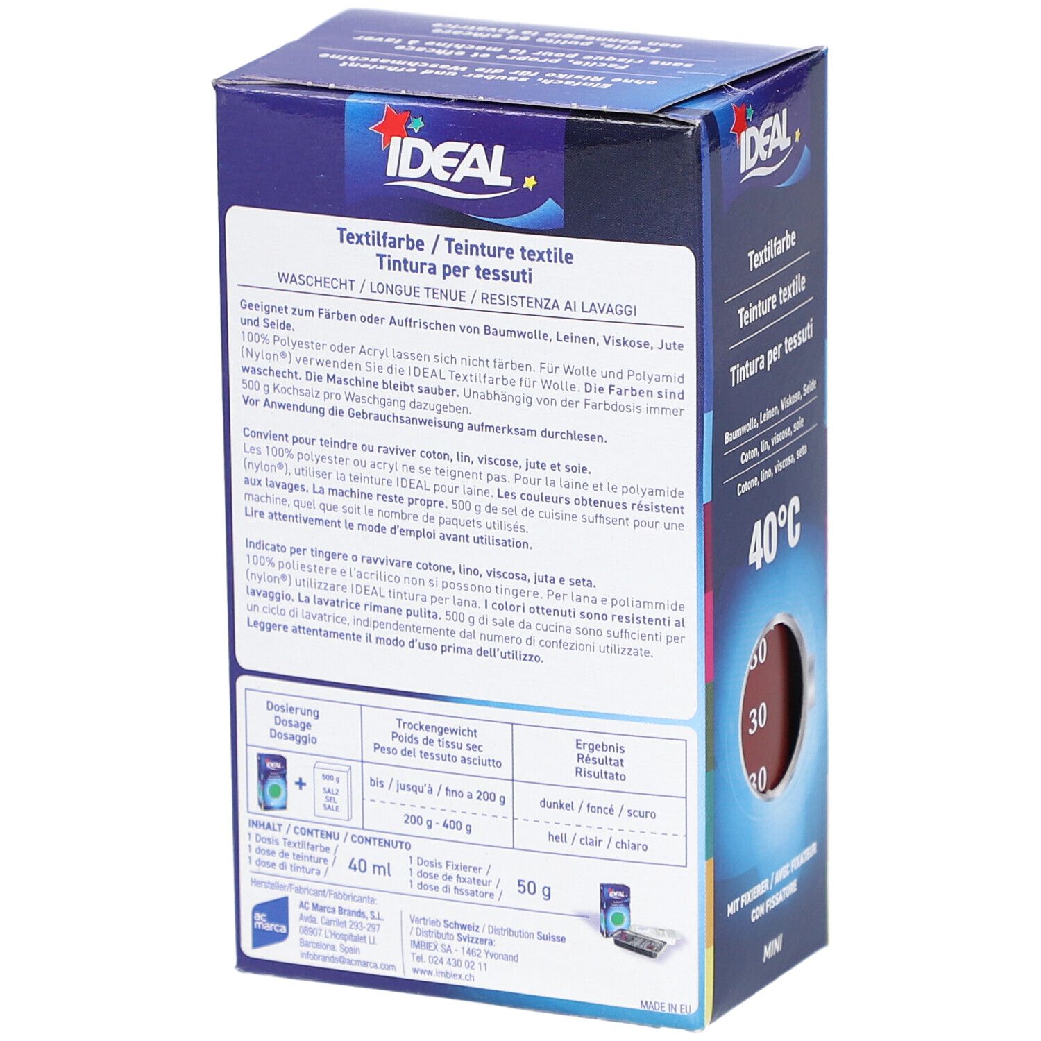 IDEAL Textilfarbe Karton, 40ml, für 50g Textil.