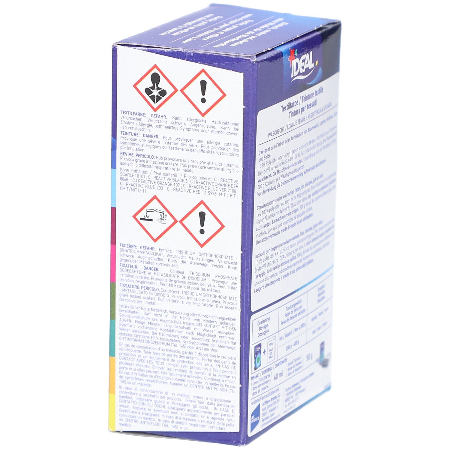 IDEAL Textilfarbe, Kartonverpackung mit Warnsymbolen und Anwendungshinweisen.