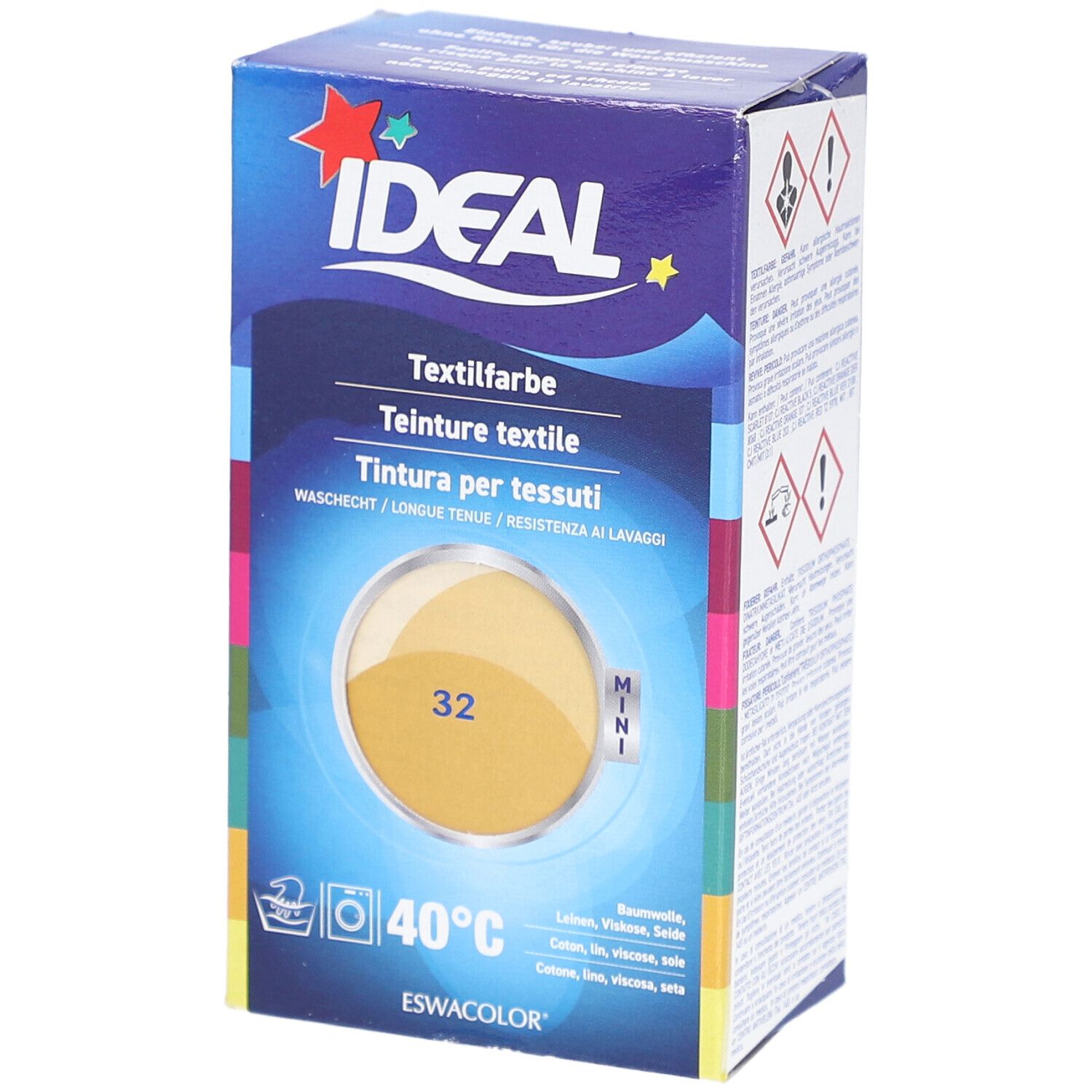 Teinture textile IDEAL Mini, 32 Beige. Boîte avec illustration du produit et symbole de lavage. Marque IDEAL.