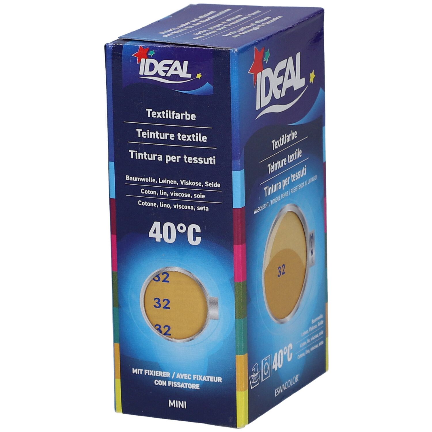 Teinture textile IDEAL Mini, 32 Beige. Boîte avec illustration du produit et symbole de lavage. Marque IDEAL.