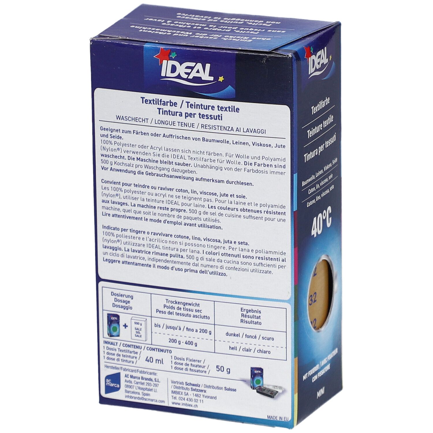 Teinture textile IDEAL Mini, 32 Beige. Dos de l'emballage avec texte et symboles de lavage. Marque IDEAL.