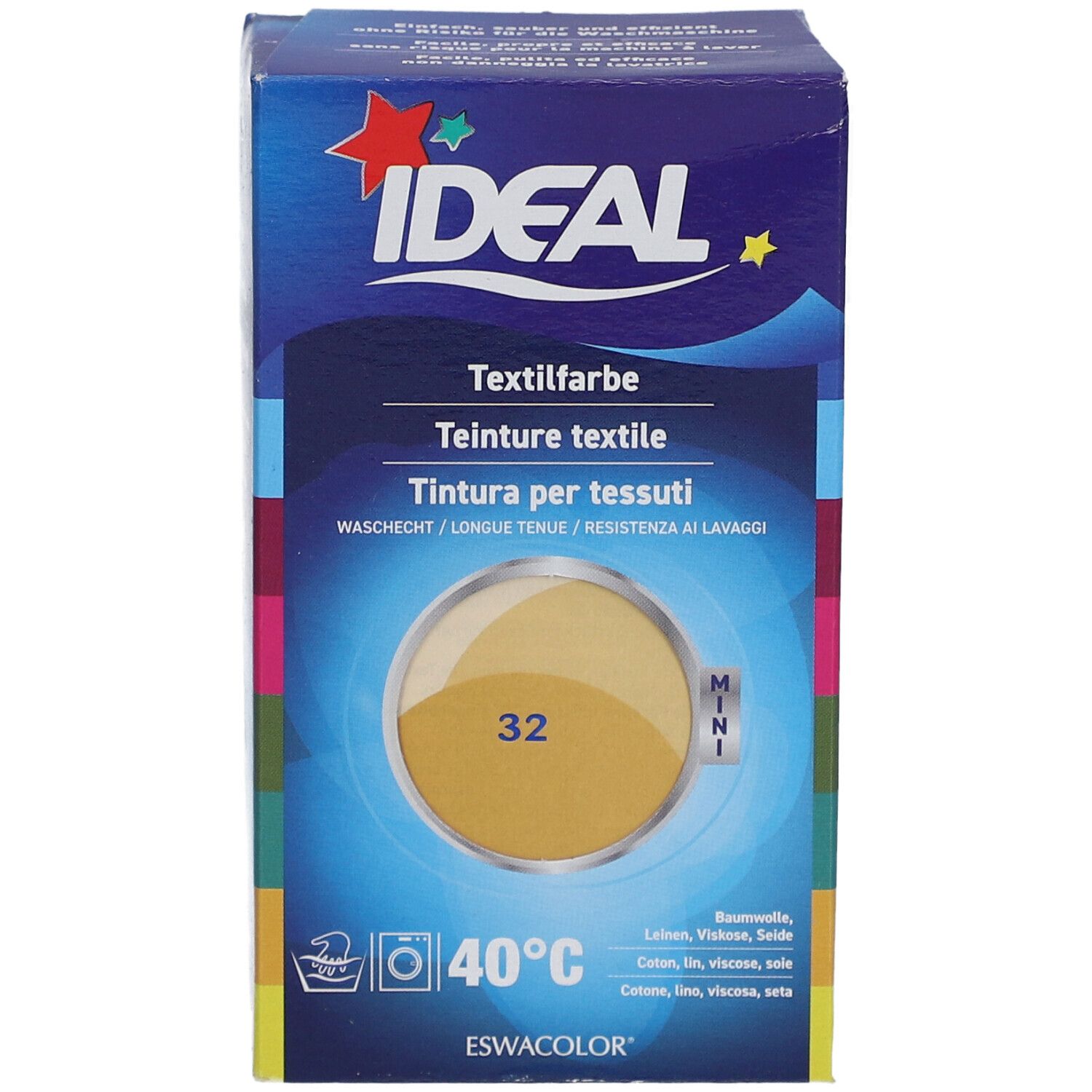Teinture textile IDEAL Mini, 32 Beige. Boîte avec illustration du produit et symbole de lavage. Marque IDEAL.