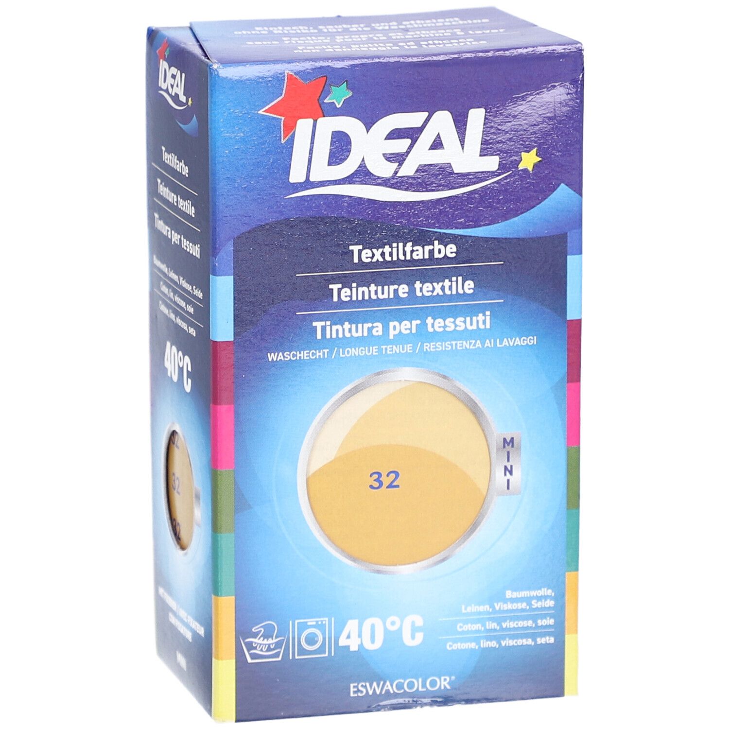 Teinture textile IDEAL Mini, 32 Beige. Boîte avec illustration du produit et symbole de lavage. Marque IDEAL.