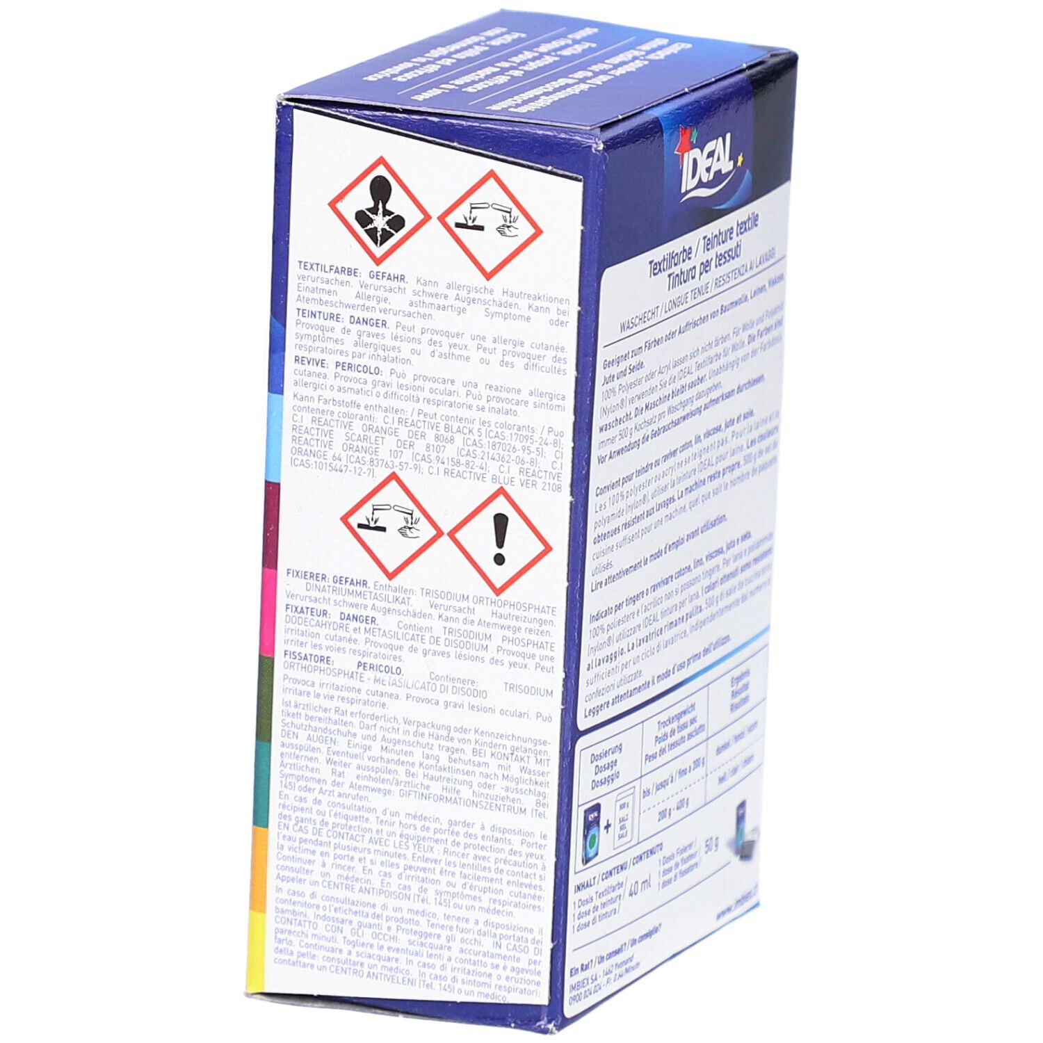 Seite der Ideal MINI Textilfarbe No36 Korall. Warnhinweise und Piktogramme. Ideal Logo und Produktbezeichnung. Textinformationen.