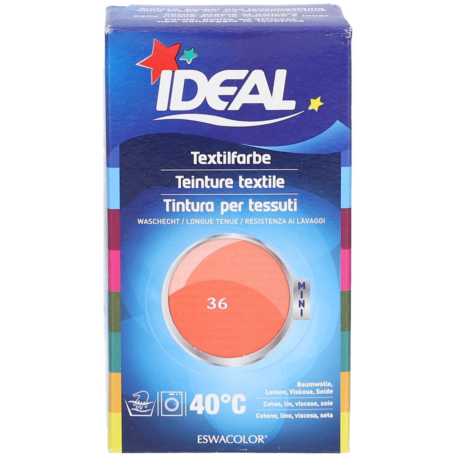 Ideal MINI Textilfarbe No36 Korall. Farbkarton mit Produktabbildung. Waschhinweis 40°C. Ideal Logo und Produktbezeichnung.