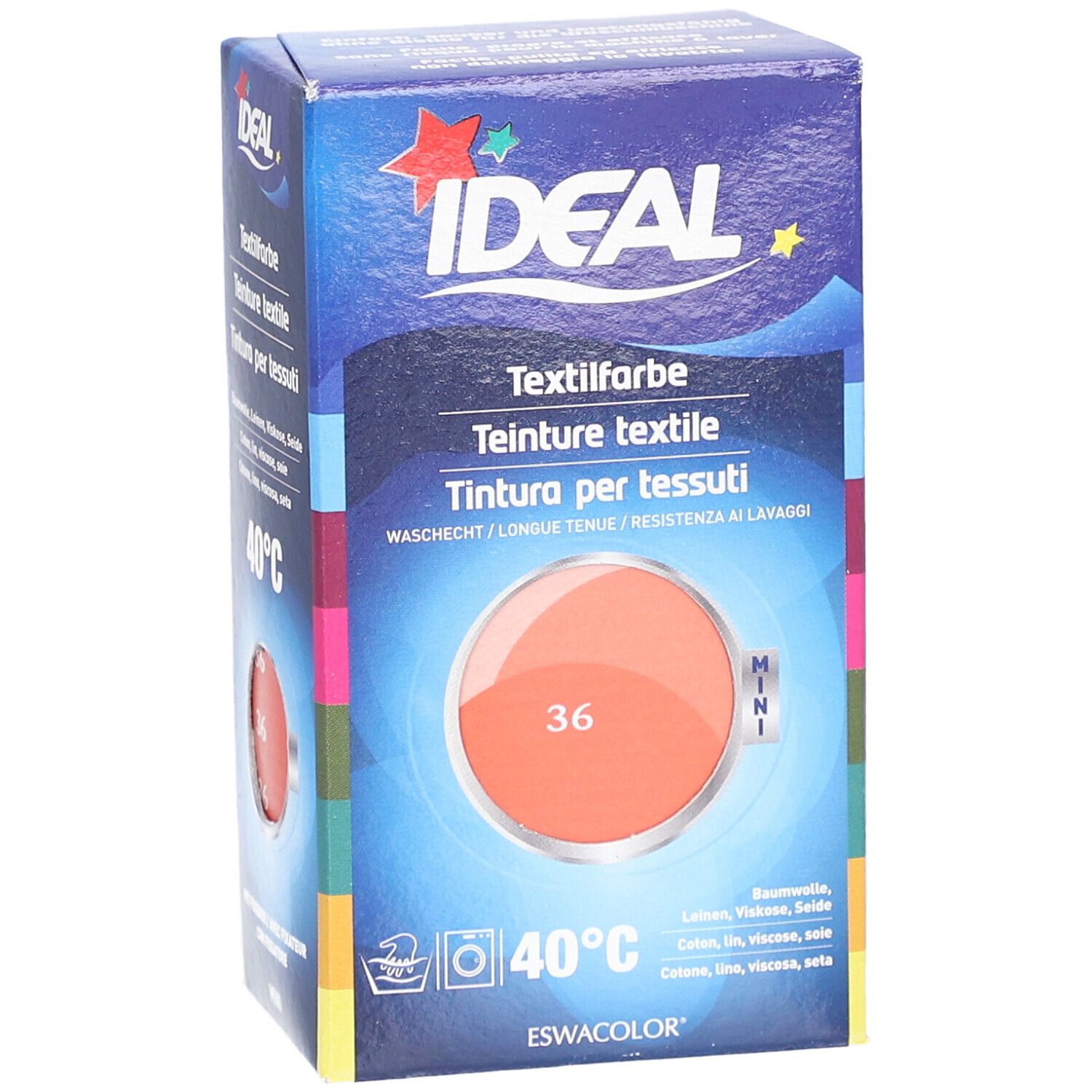 Ideal MINI Textilfarbe No36 Korall. Farbkarton, schräg. Waschhinweis 40°C. Ideal Logo und Produktbezeichnung. Produktabbildung.