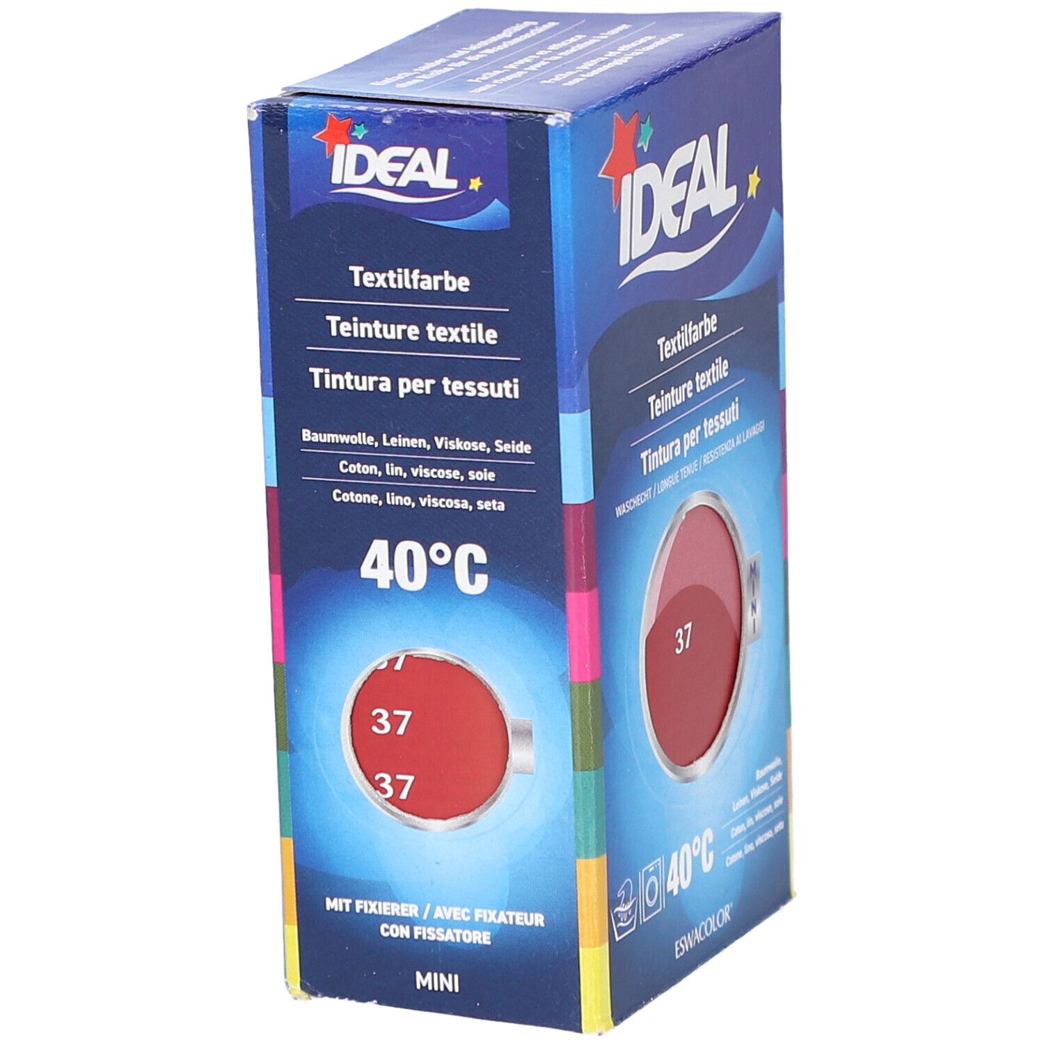 Karton mit Textilfarbe. Marke IDEAL, Farbton 37 Hermesrot. Mini-Format. Waschbar bei 40°C. Mit Fixiermittel.