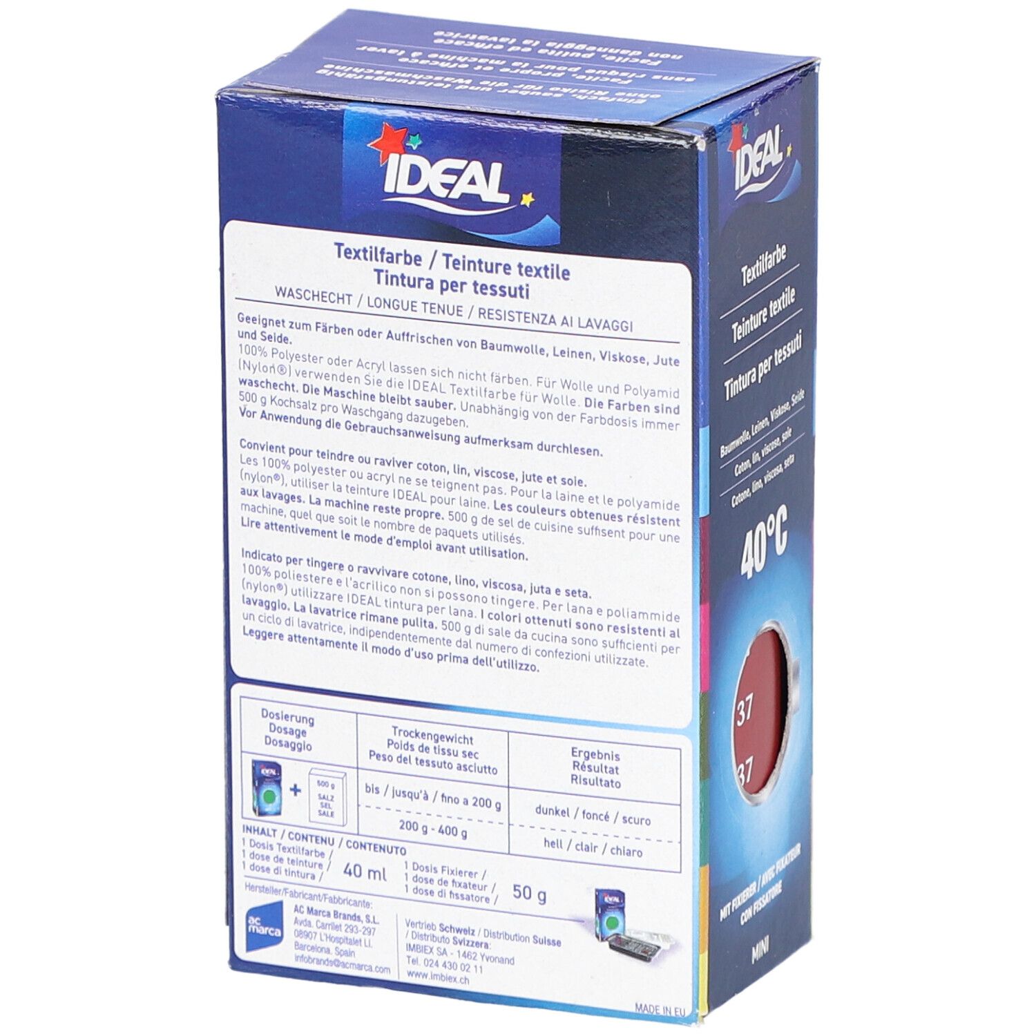 Rückseite der Textilfarben-Verpackung. Enthält Informationen zu Inhaltsstoffen, Anwendung und Warnhinweisen. Marke IDEAL.