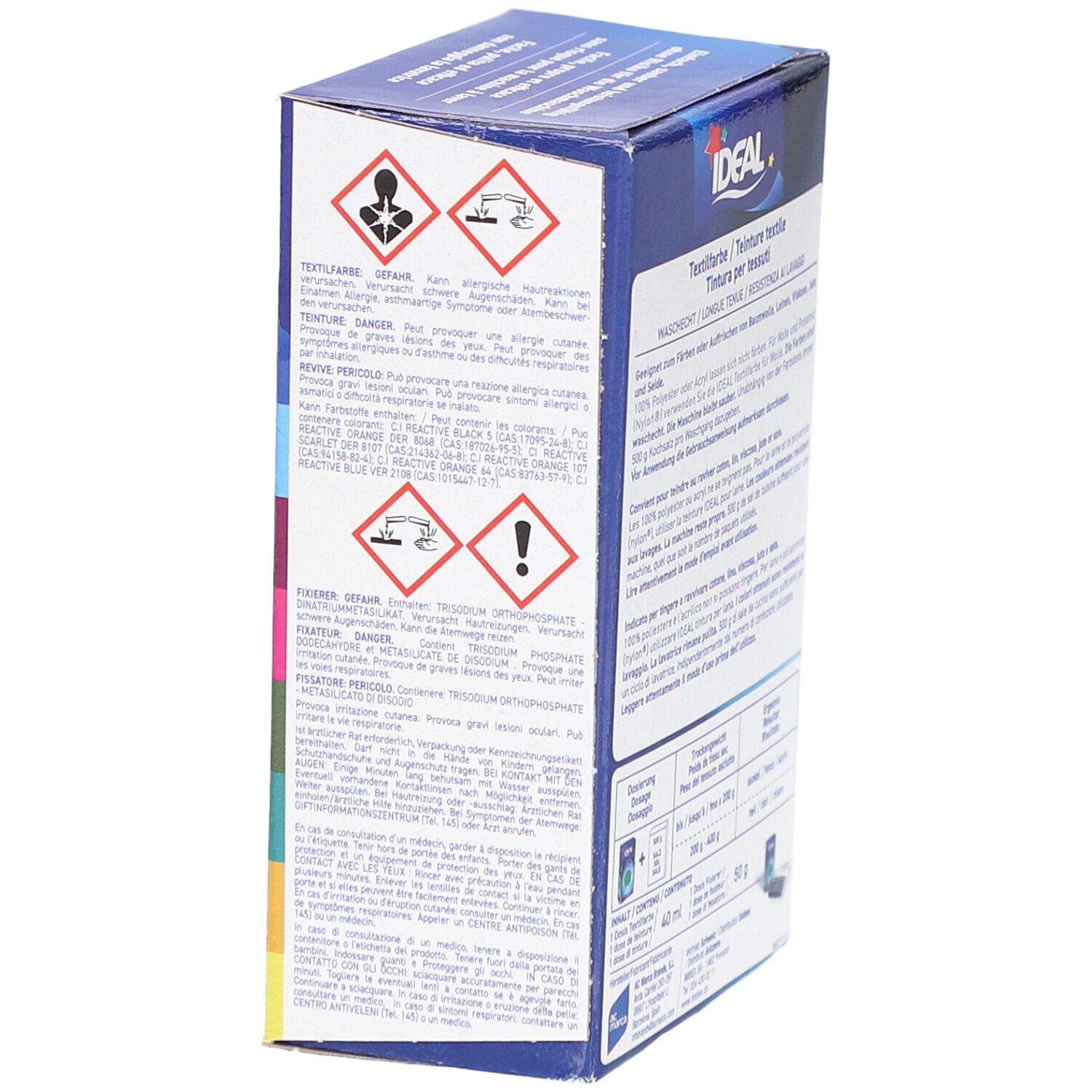 Seite der Textilfarben-Verpackung mit Warnhinweisen. Enthält Piktogramme für Gefahren und Vorsichtsmaßnahmen. Marke IDEAL.