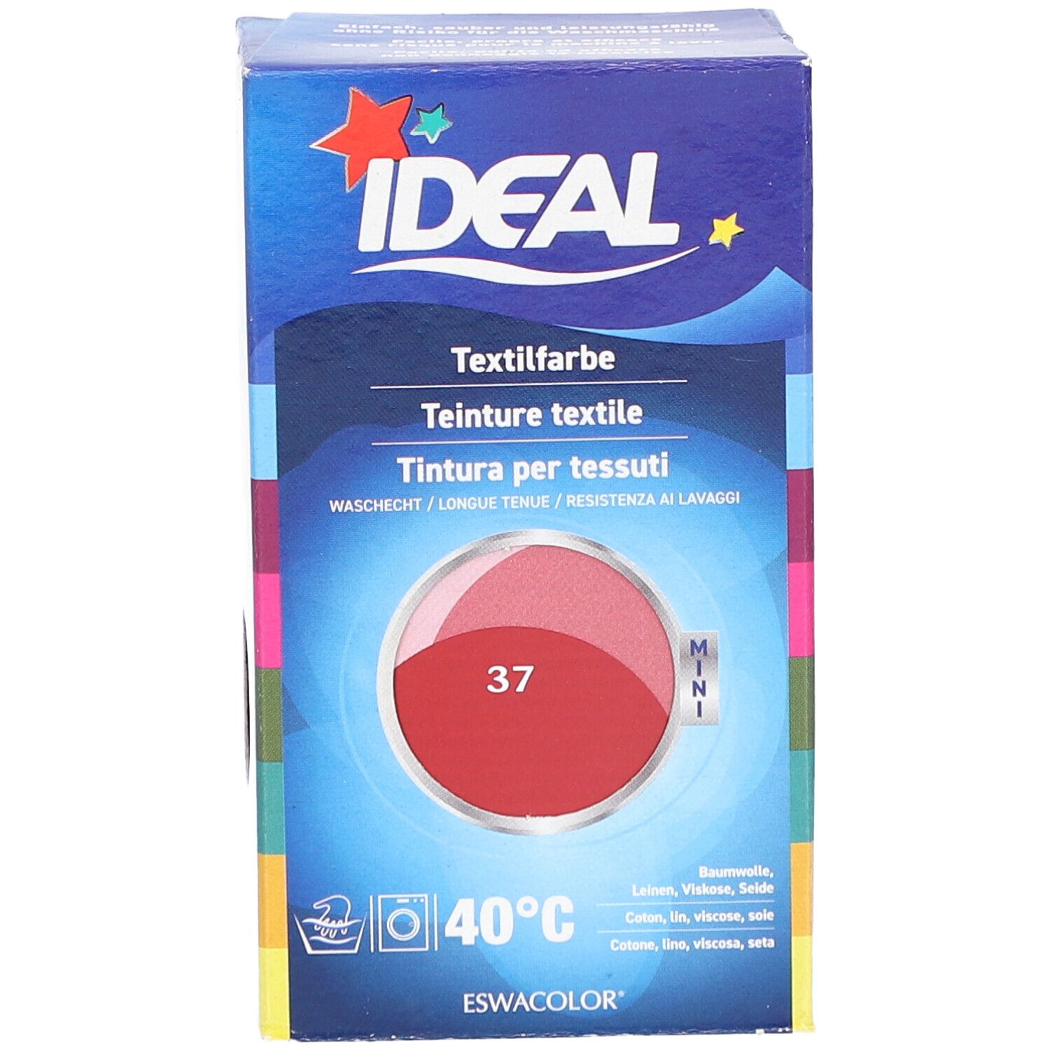 Karton mit Textilfarbe. Marke IDEAL, Farbton 37 Hermesrot. Mini-Format. Waschbar bei 40°C. Enthält Textilfarbe.