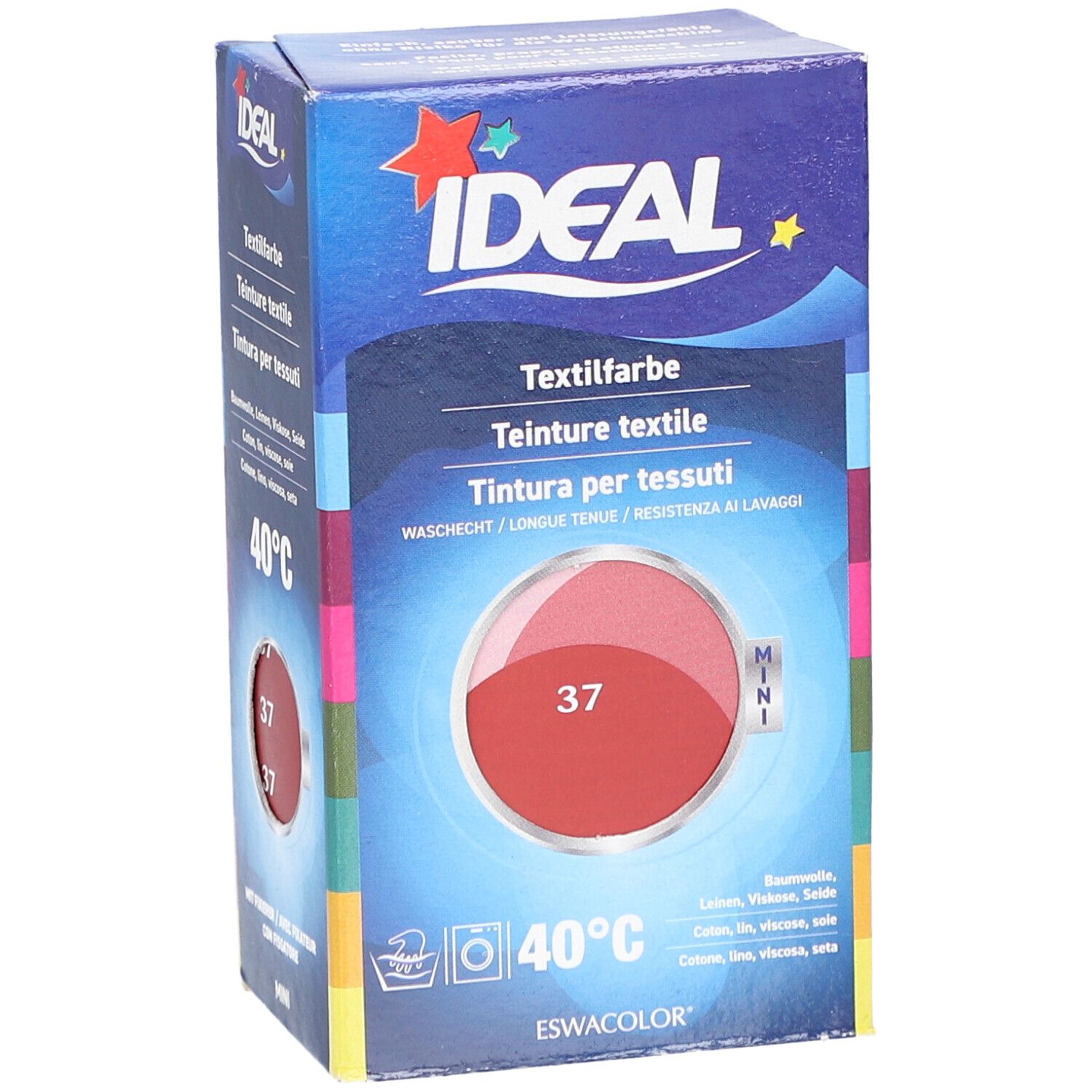 Karton mit Textilfarbe. Marke IDEAL, Farbton 37 Hermesrot. Mini-Format. Waschbar bei 40°C. Enthält Textilfarbe.