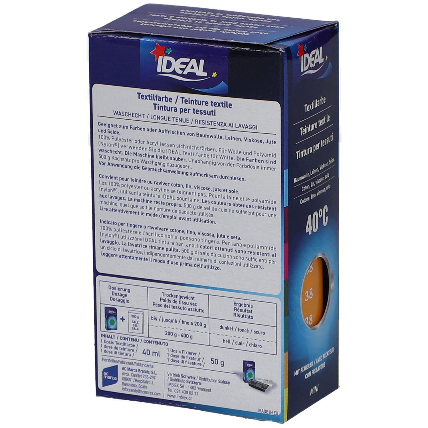 Rückseite der Textilfarben-Verpackung. Aufdruck: IDEAL, Textilfarbe, 40°C, MINI. Enthält Informationen zur Anwendung und Inhaltsstoffe. Farbton 38.