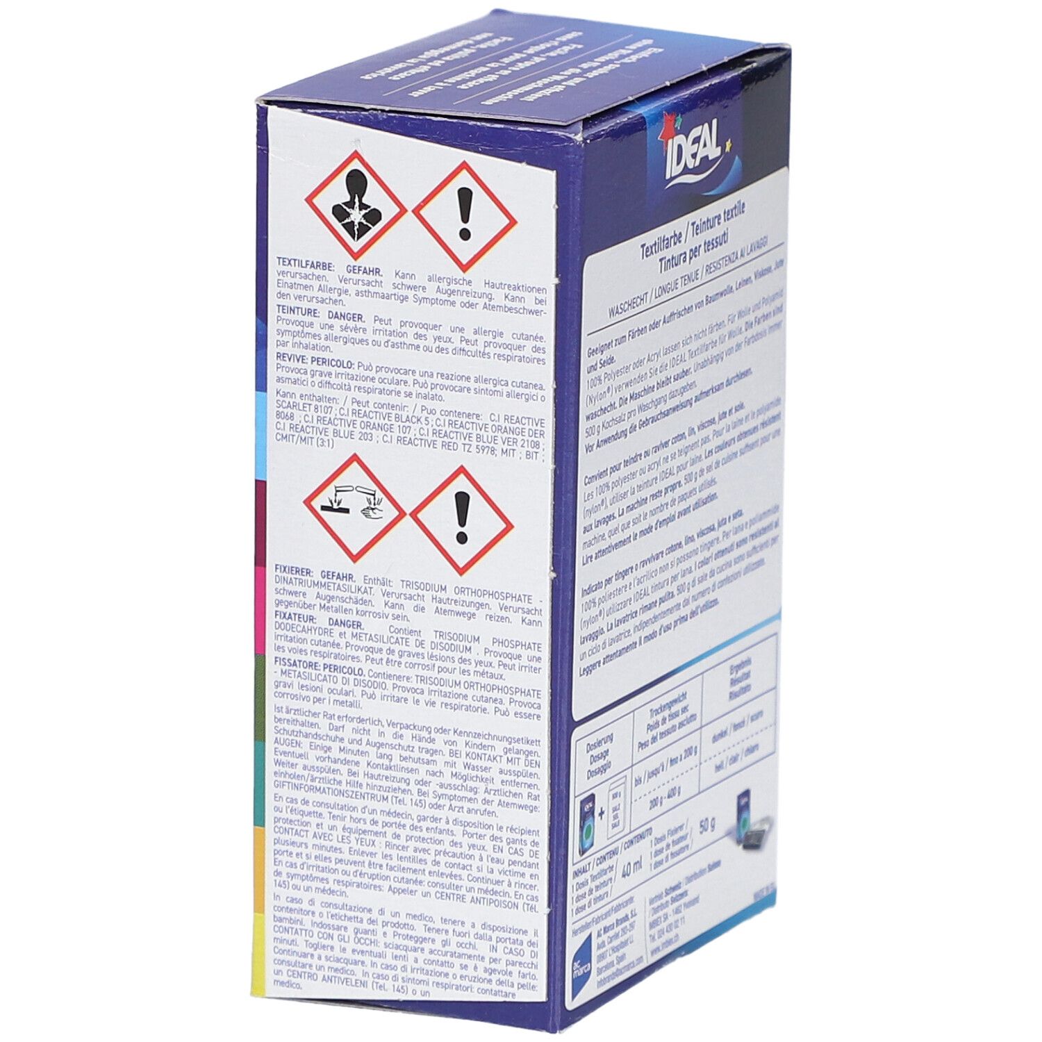 Seite der Textilfarben-Verpackung. Aufdruck: IDEAL, Textilfarbe, 40°C, MINI. Enthält Warnhinweise und Gefahrensymbole. In mehreren Sprachen.