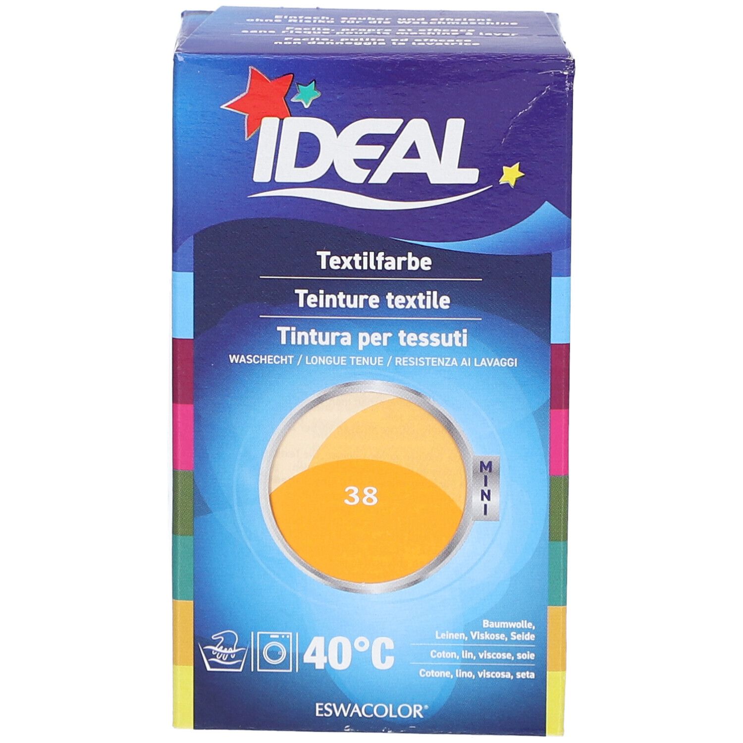 Karton mit Textilfarbe. Aufdruck: IDEAL, Textilfarbe, 40°C, MINI. Farbton 38 Mandarine. Geeignet für Baumwolle, Leinen, Viskose & Seide.