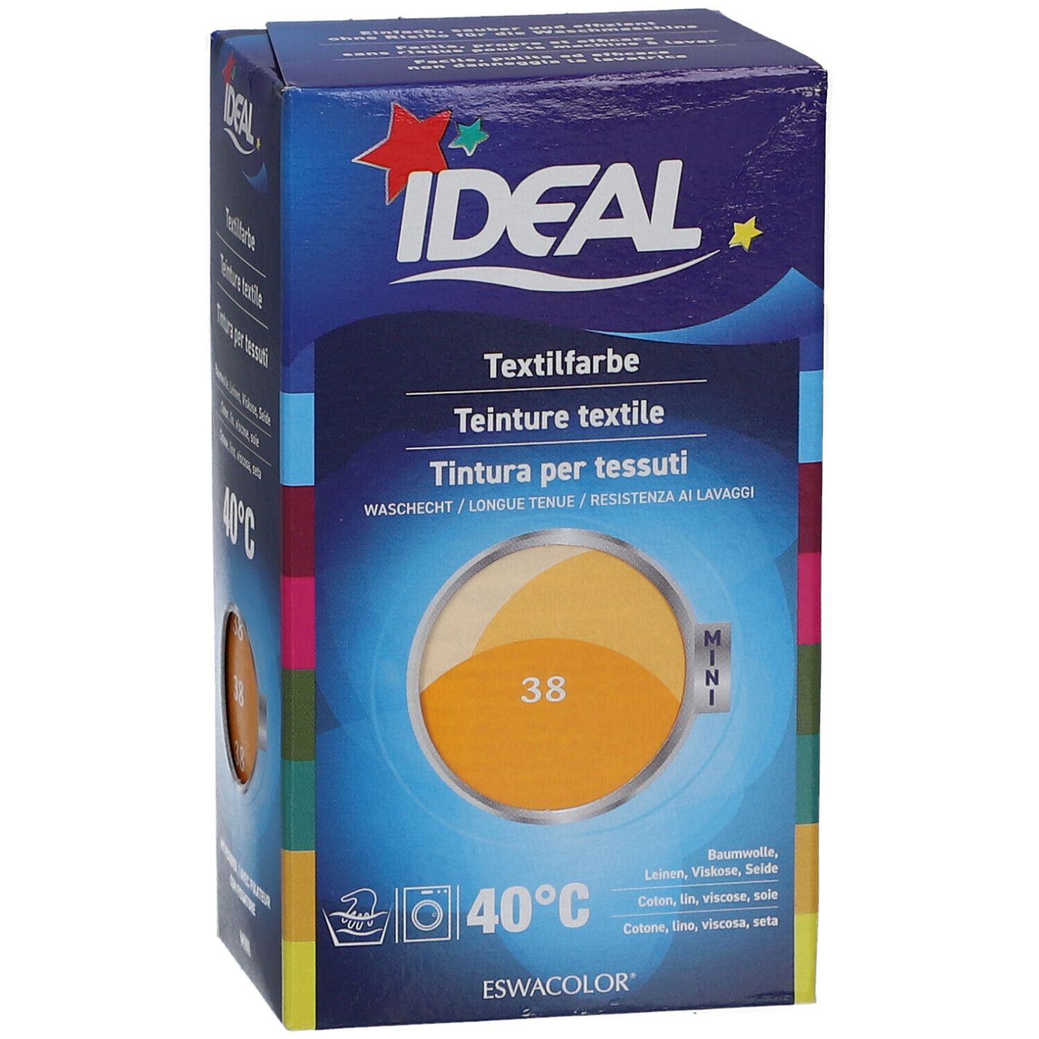 Karton mit Textilfarbe. Aufdruck: IDEAL, Textilfarbe, 40°C, MINI. Farbton 38. Geeignet für Baumwolle, Leinen, Viskose & Seide.