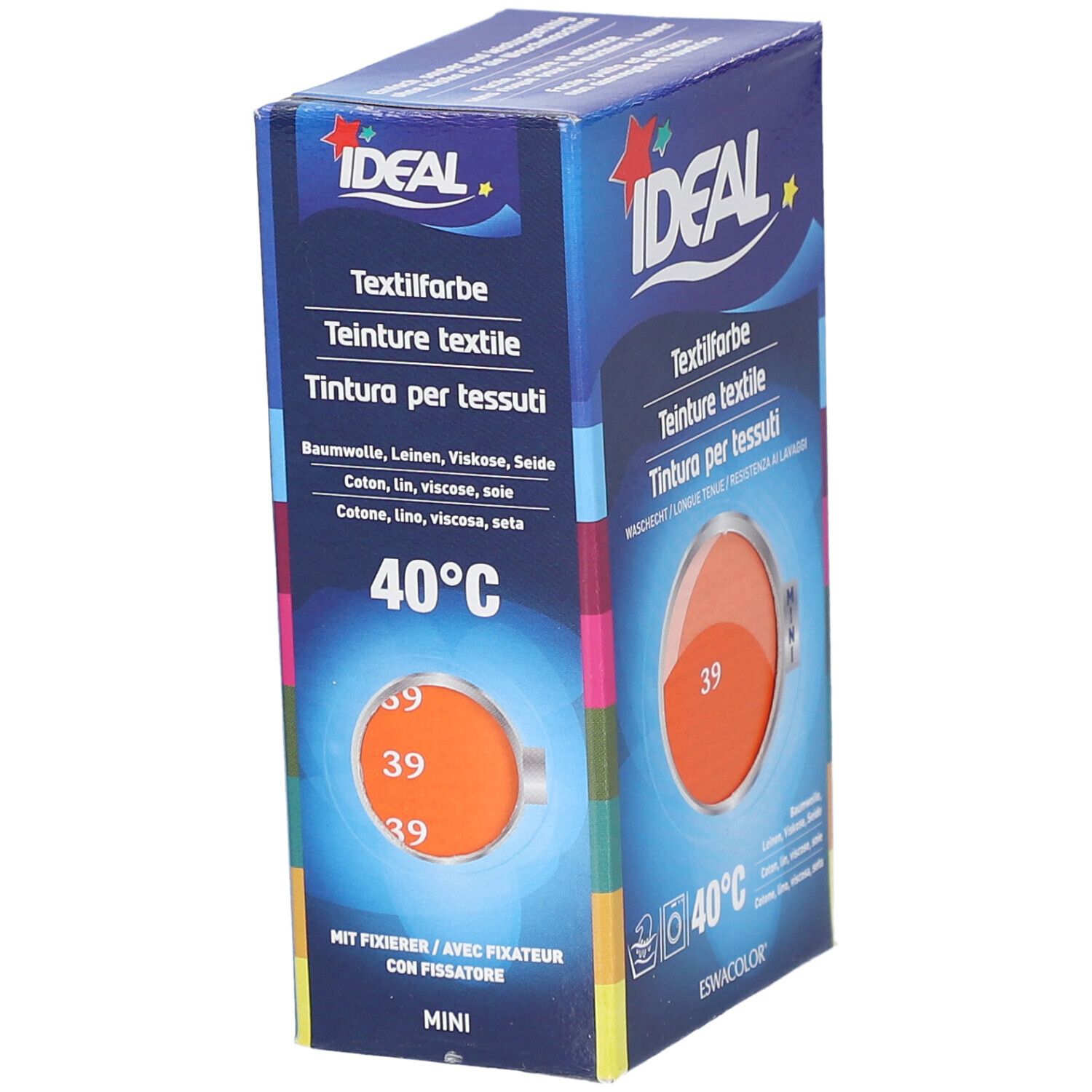 Textilfarbe-Box. Marke IDEAL. Orangefarbener Kreis mit Nummer 39. Waschbar bei 40°C. Für Baumwolle, Leinen, Viskose & Seide.