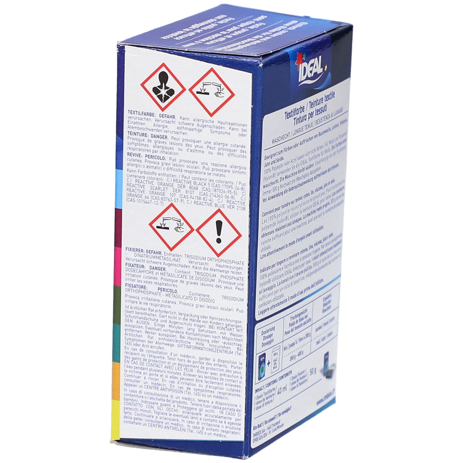 Seite der Textilfarbe-Box. Marke IDEAL. Warnhinweise und Piktogramme. Waschbar bei 40°C. Für Baumwolle, Leinen, Viskose & Seide.