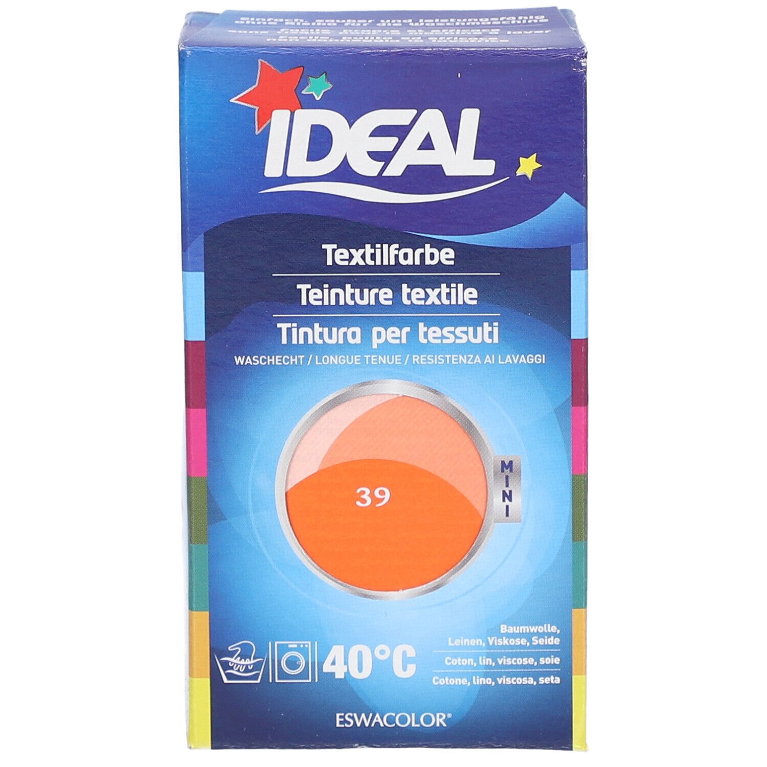 Textilfarbe-Box. Marke IDEAL. Orangefarbener Kreis mit der Nummer 39. Waschbar bei 40°C. Für Baumwolle, Leinen, Viskose & Seide.