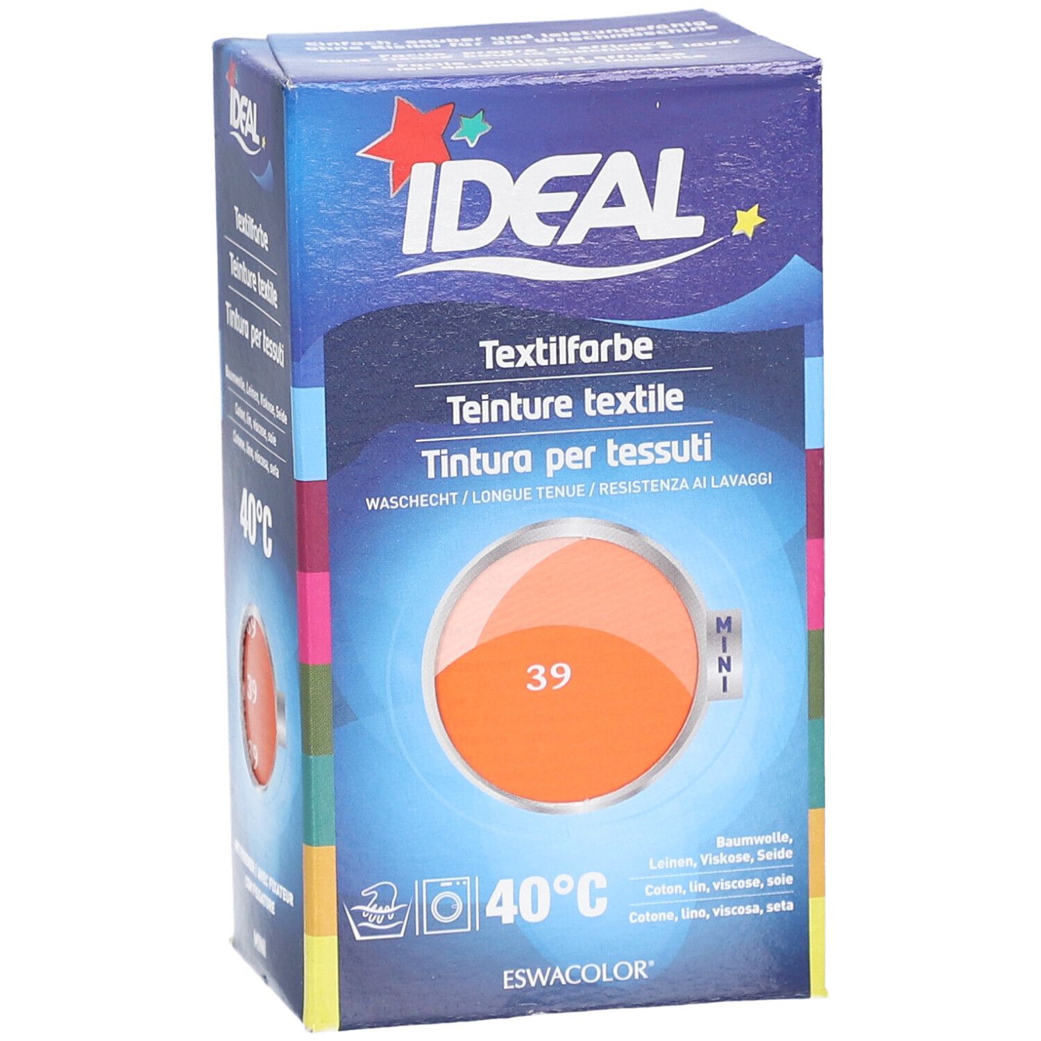 Textilfarbe-Box. Marke IDEAL. Orangefarbener Kreis mit Nummer 39. Waschbar bei 40°C. Für Baumwolle, Leinen, Viskose & Seide.