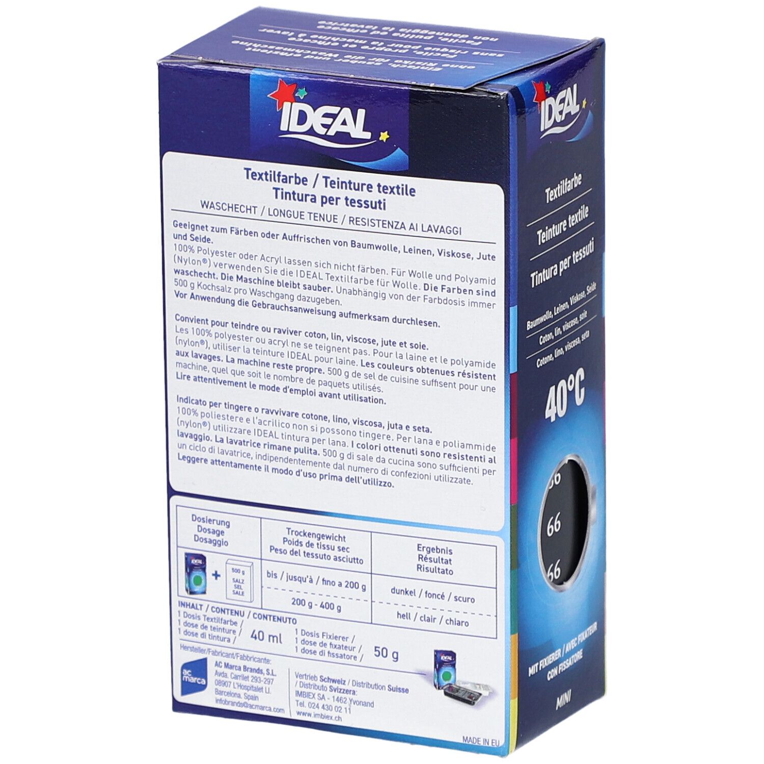 Rückseite der Ideal MINI Textilfarbe Verpackung. Textinformationen in Deutsch, Französisch, Italienisch. Waschsymbol und Dosierung.