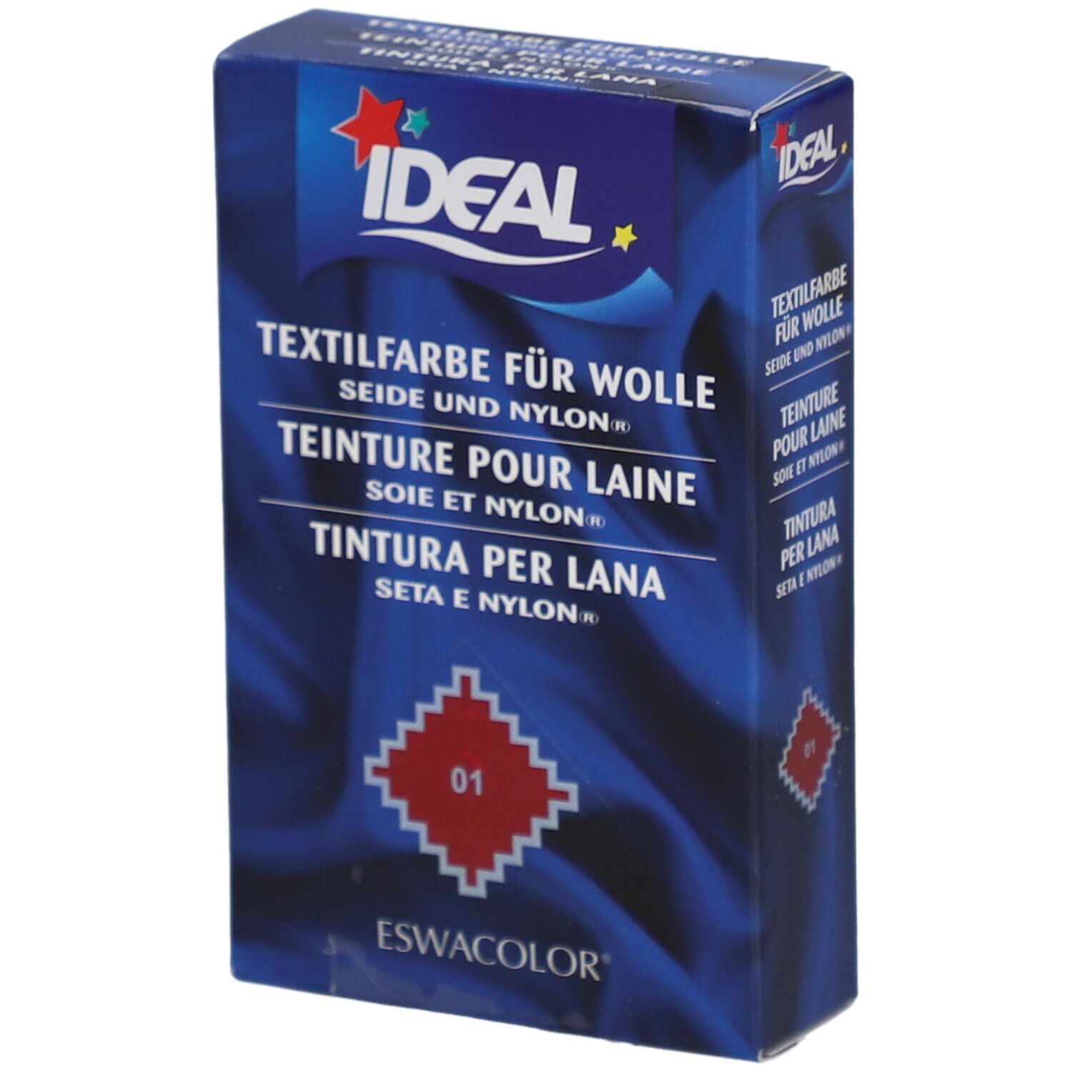 IDEAL Textilfarbe für Wolle, Seide und Nylon. Farbton 01 Rot. Verpackung mit Logo und Produktbezeichnung.