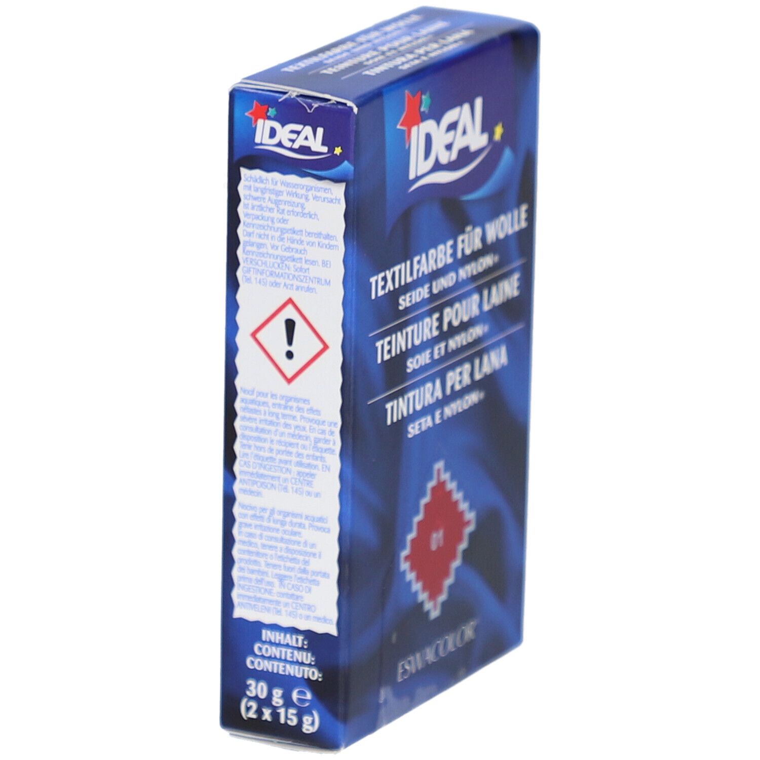 IDEAL Textilfarbe. Verpackung mit Warnhinweis und Produktinformationen. Enthält 30g (2 x 15g).
