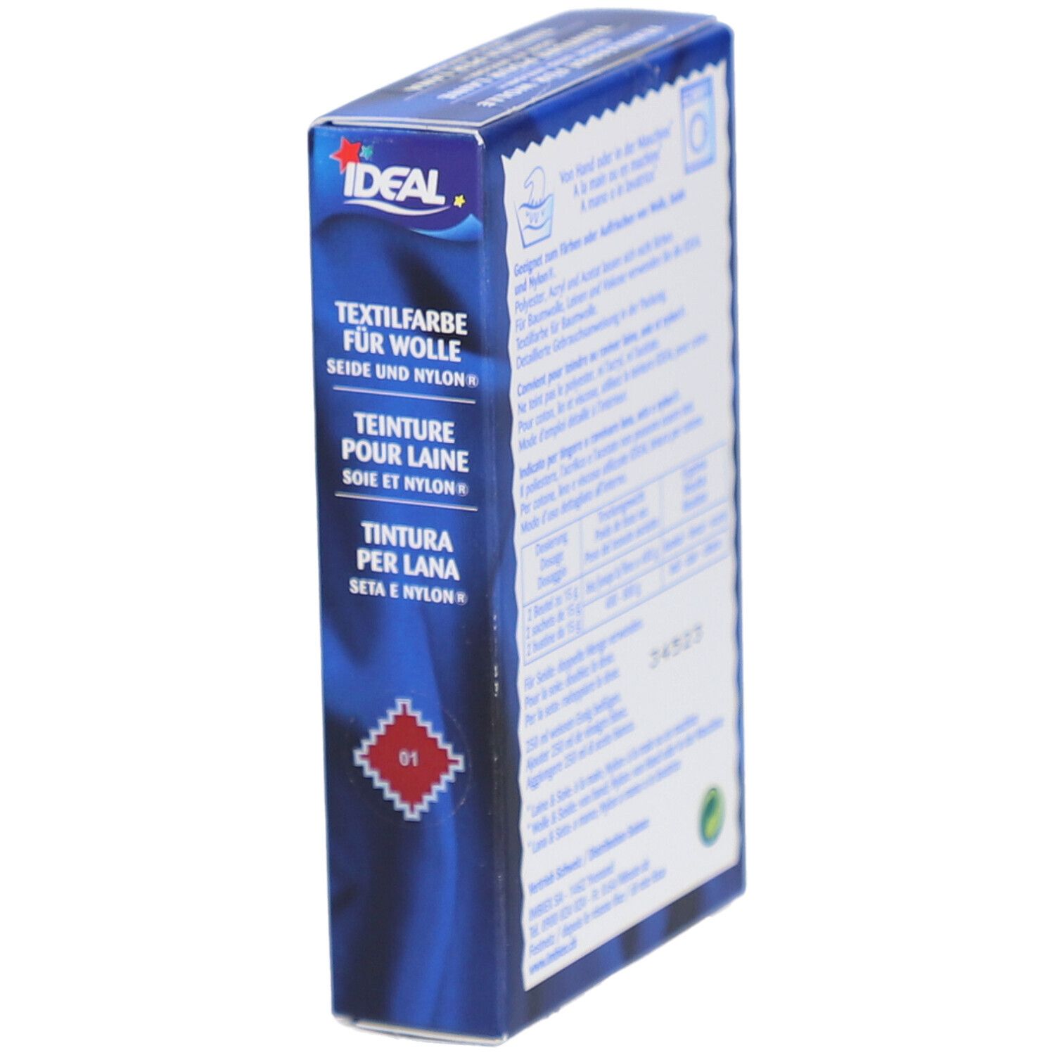 IDEAL Textilfarbe für Wolle, Seide und Nylon. Farbton 01 Rot. Verpackung mit Logo und Produktbezeichnung.