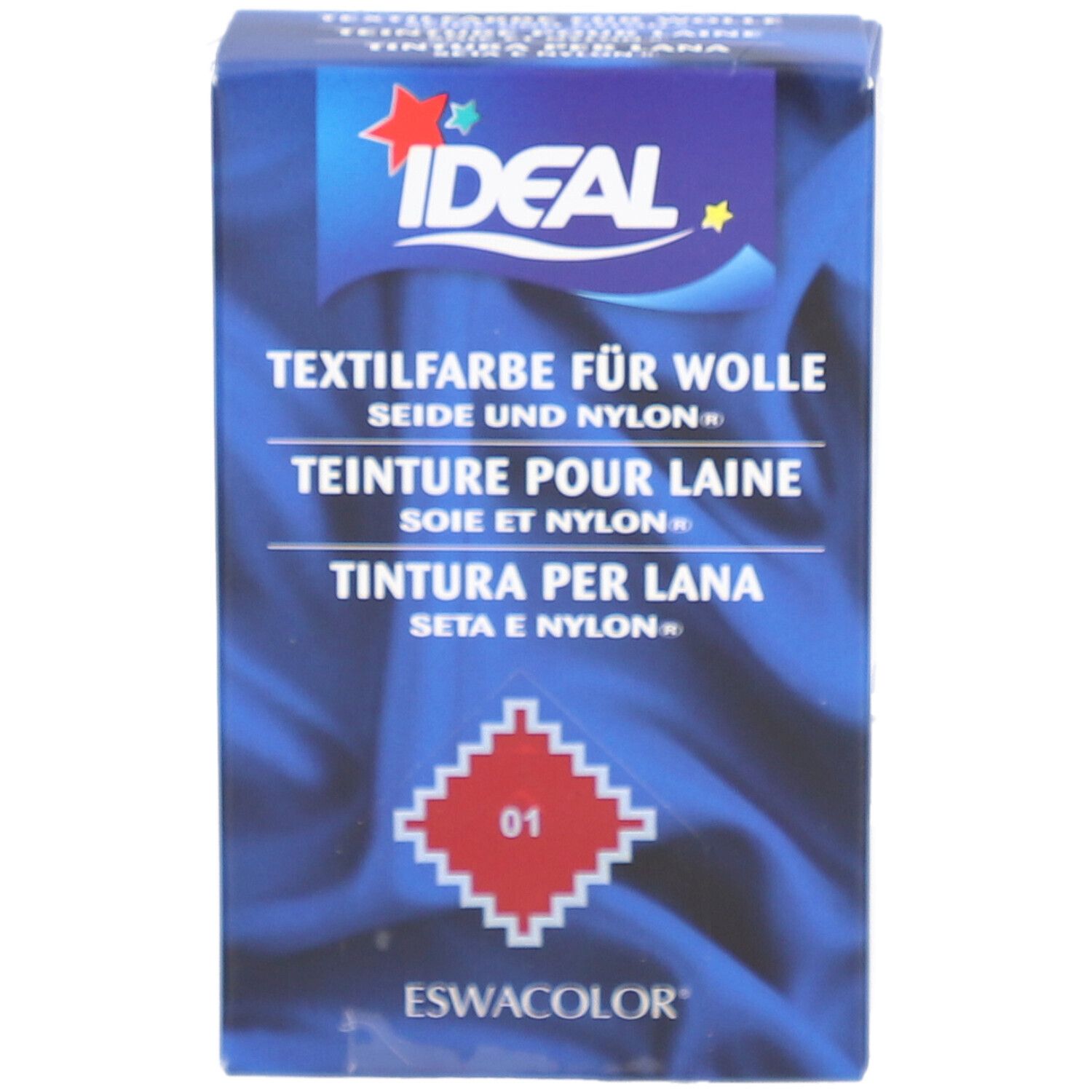 IDEAL Textilfarbe für Wolle, Seide und Nylon. Farbton 01 Rot. Verpackung mit Logo und Produktbezeichnung.