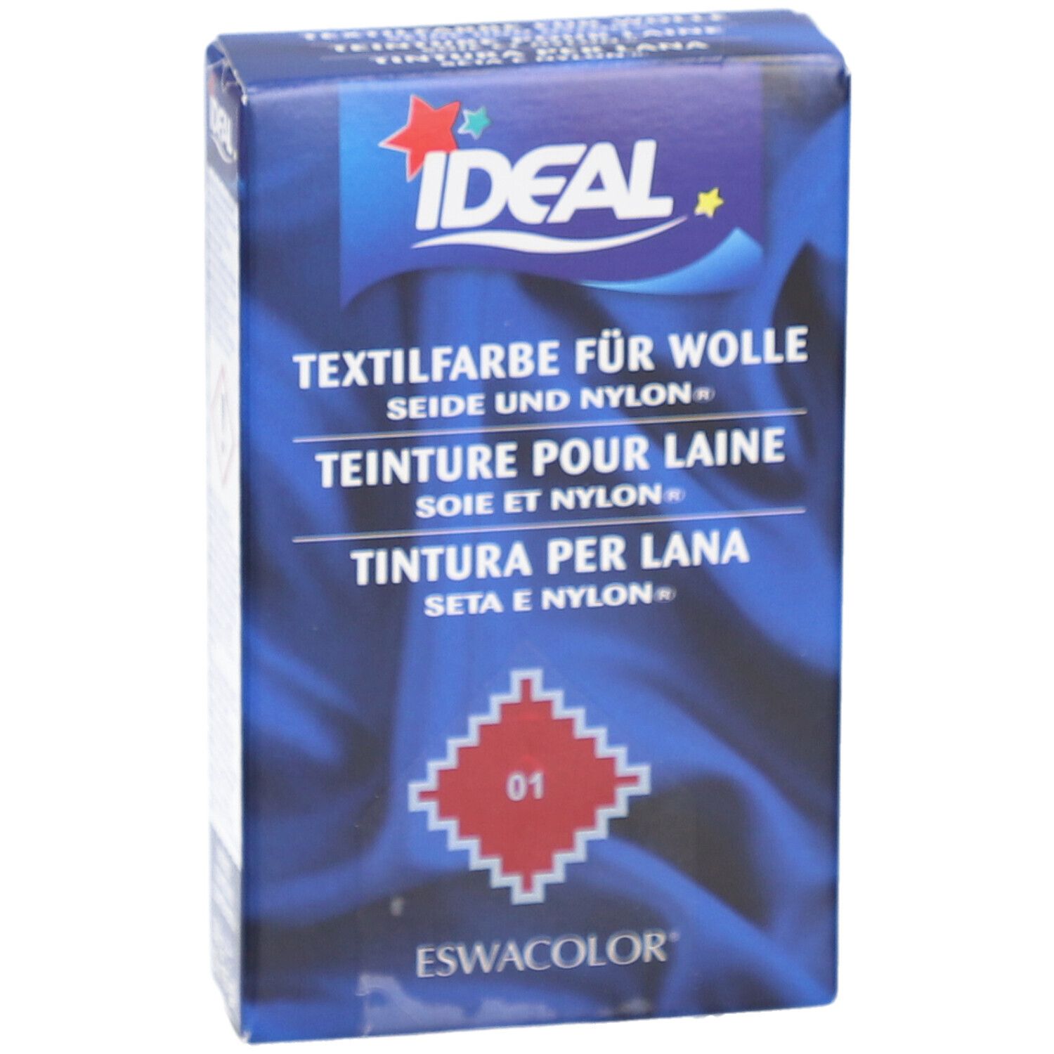 IDEAL Textilfarbe für Wolle, Seide und Nylon. Farbton 01 Rot. Verpackung mit Logo und Produktbezeichnung.