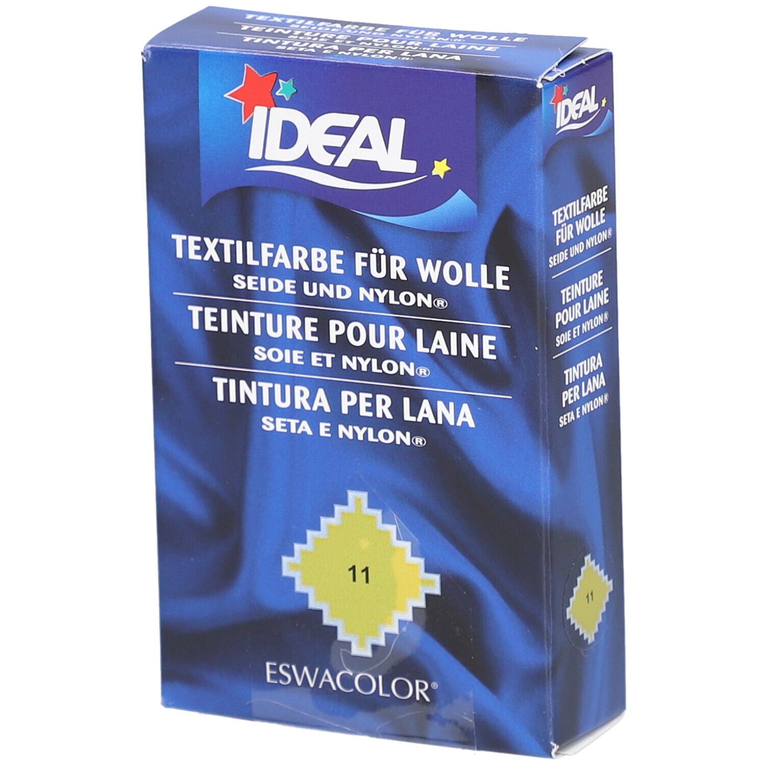 IDEAL Textilfarbe für Wolle, Seide und Nylon. Gelbe Farbkennzeichnung 11. Blaue Verpackung mit Logo.