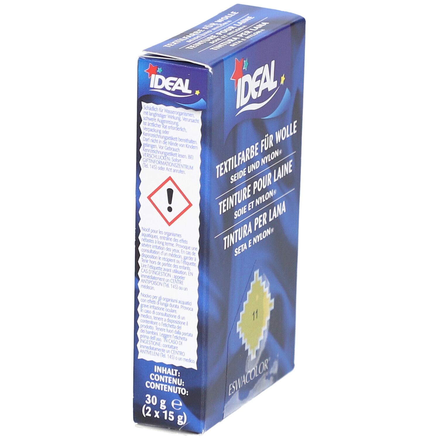 IDEAL Textilfarbe für Wolle, Seide und Nylon. Gelbe Farbkennzeichnung 11. Blaue Verpackung, Seitenansicht.