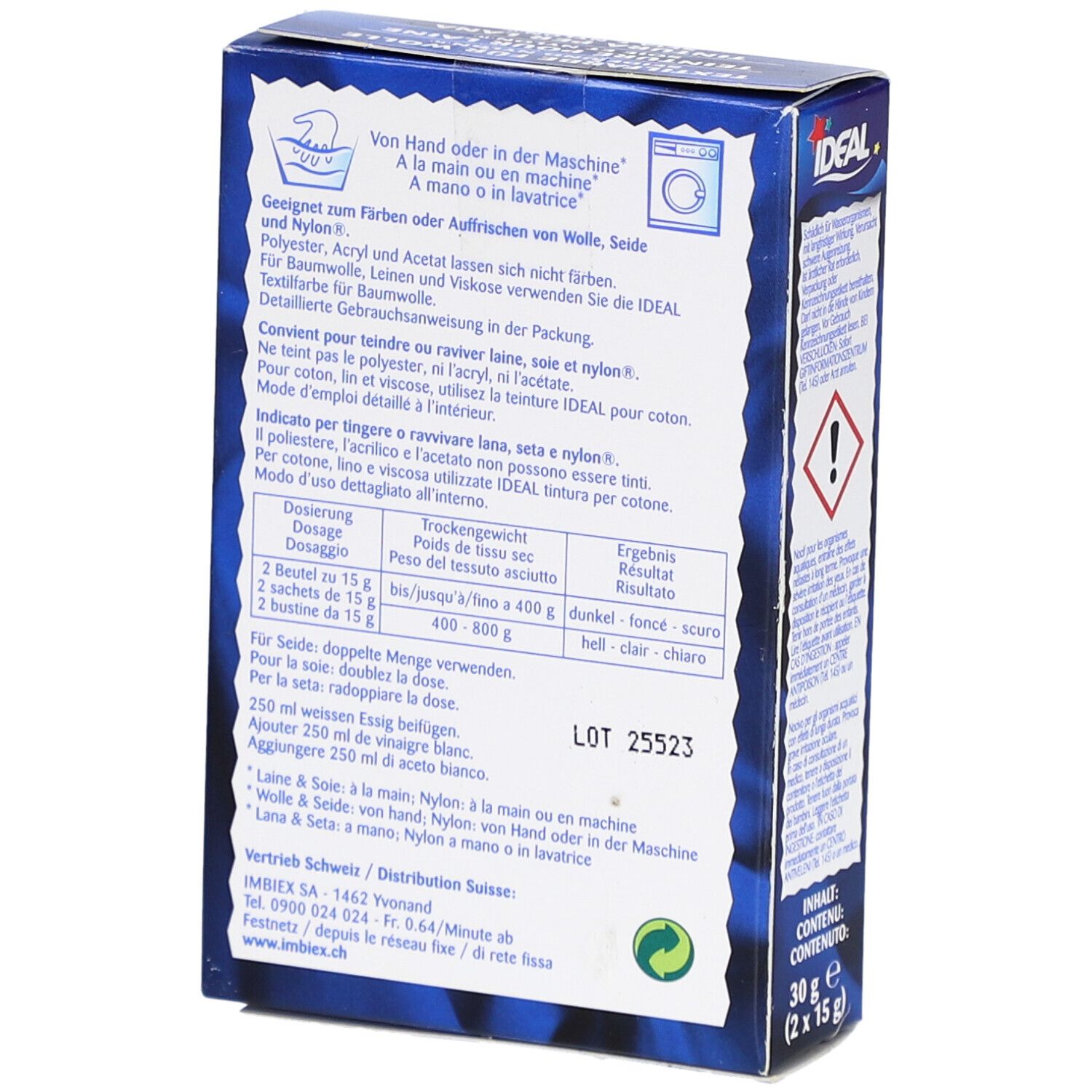 Rückseite der IDEAL Textilfarben-Verpackung. Enthält Dosierungsanweisungen und Warnhinweise.