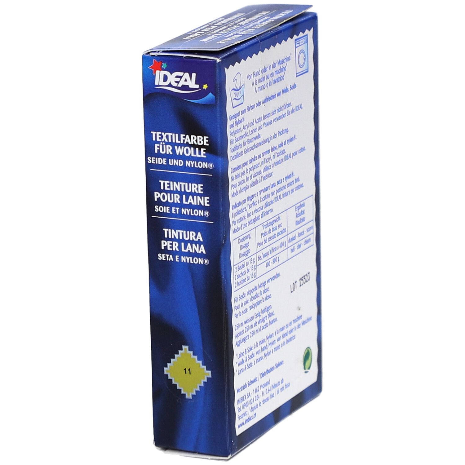 IDEAL Textilfarbe für Wolle, Seide und Nylon. Gelbe Farbkennzeichnung 11. Blaue Verpackung, Seitenansicht.