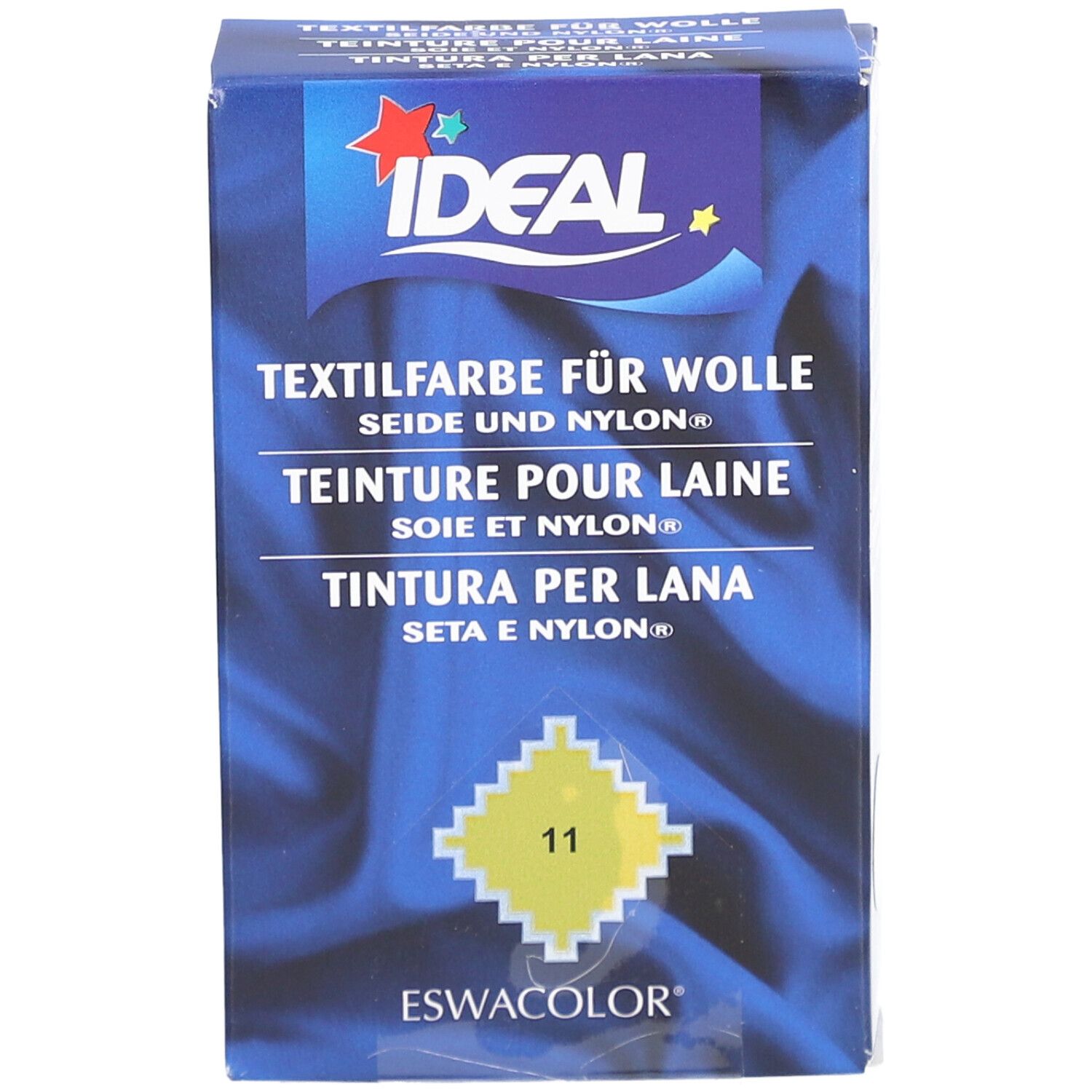 IDEAL Textilfarbe für Wolle, Seide und Nylon. Gelbe Farbkennzeichnung 11. Blaue Verpackung mit Logo.