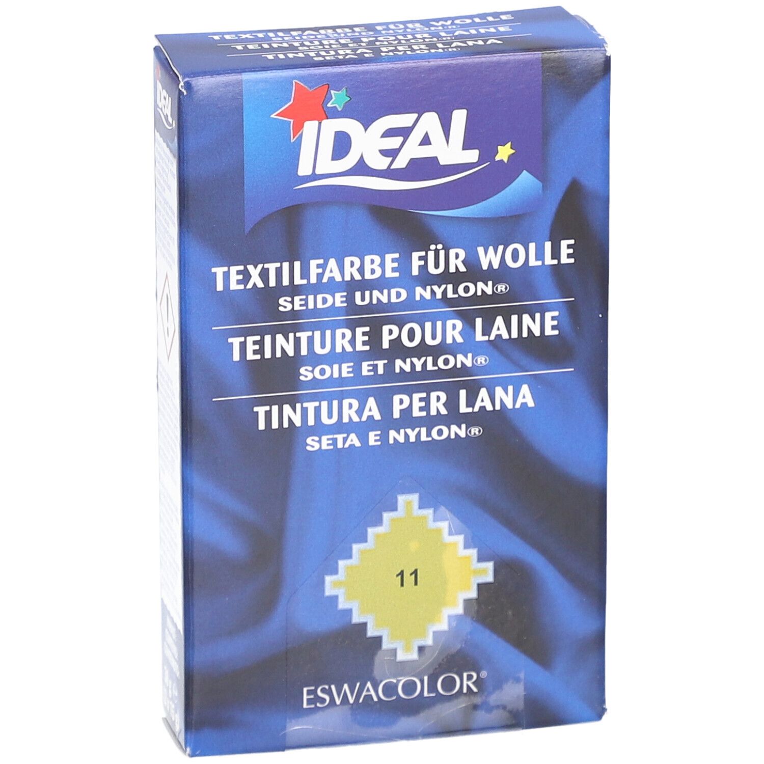IDEAL Textilfarbe für Wolle, Seide und Nylon. Gelbe Farbkennzeichnung 11. Blaue Verpackung mit Logo.