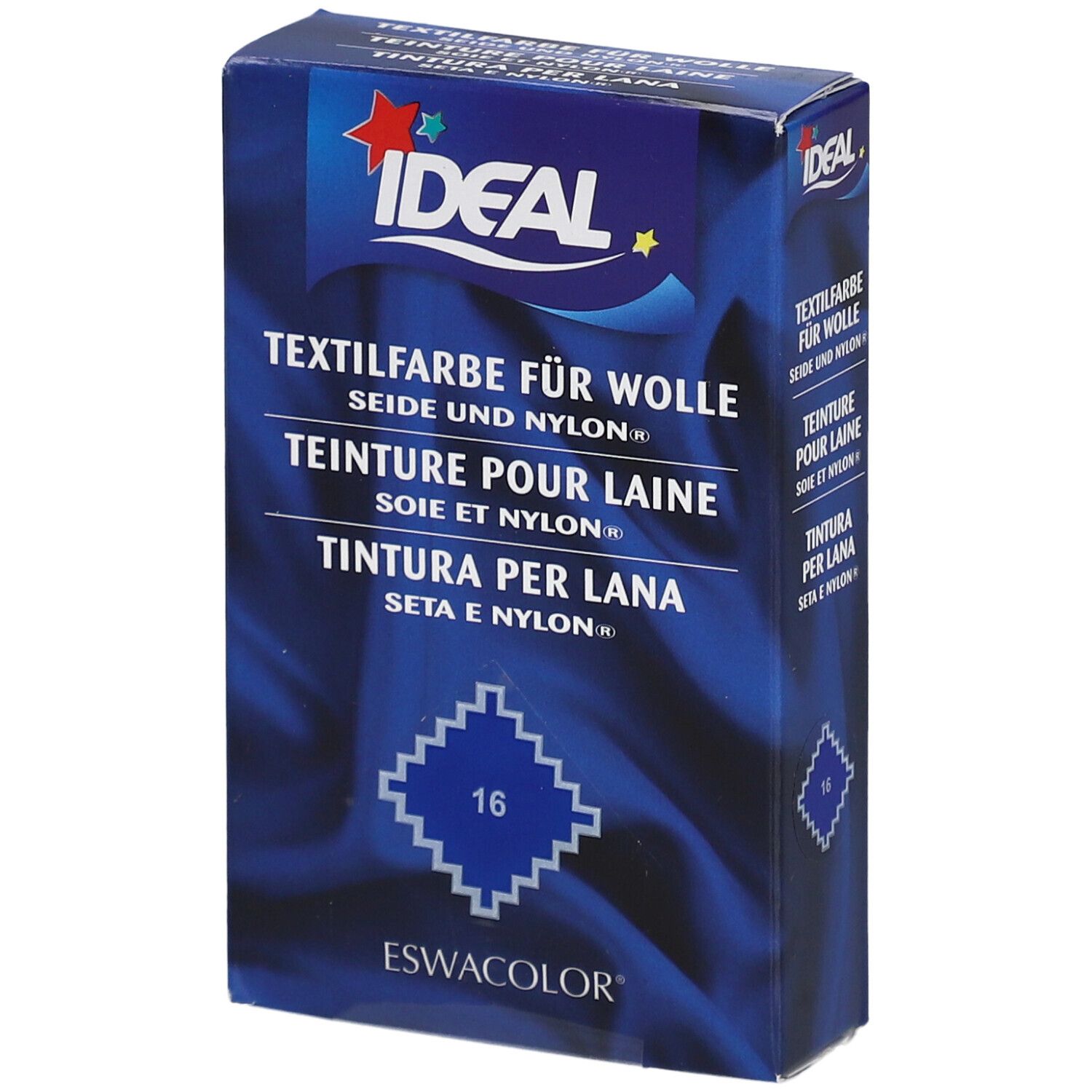Boîte bleue de teinture textile IDEAL pour laine, soie et nylon. Numéro 16. Logo Eswacolor.