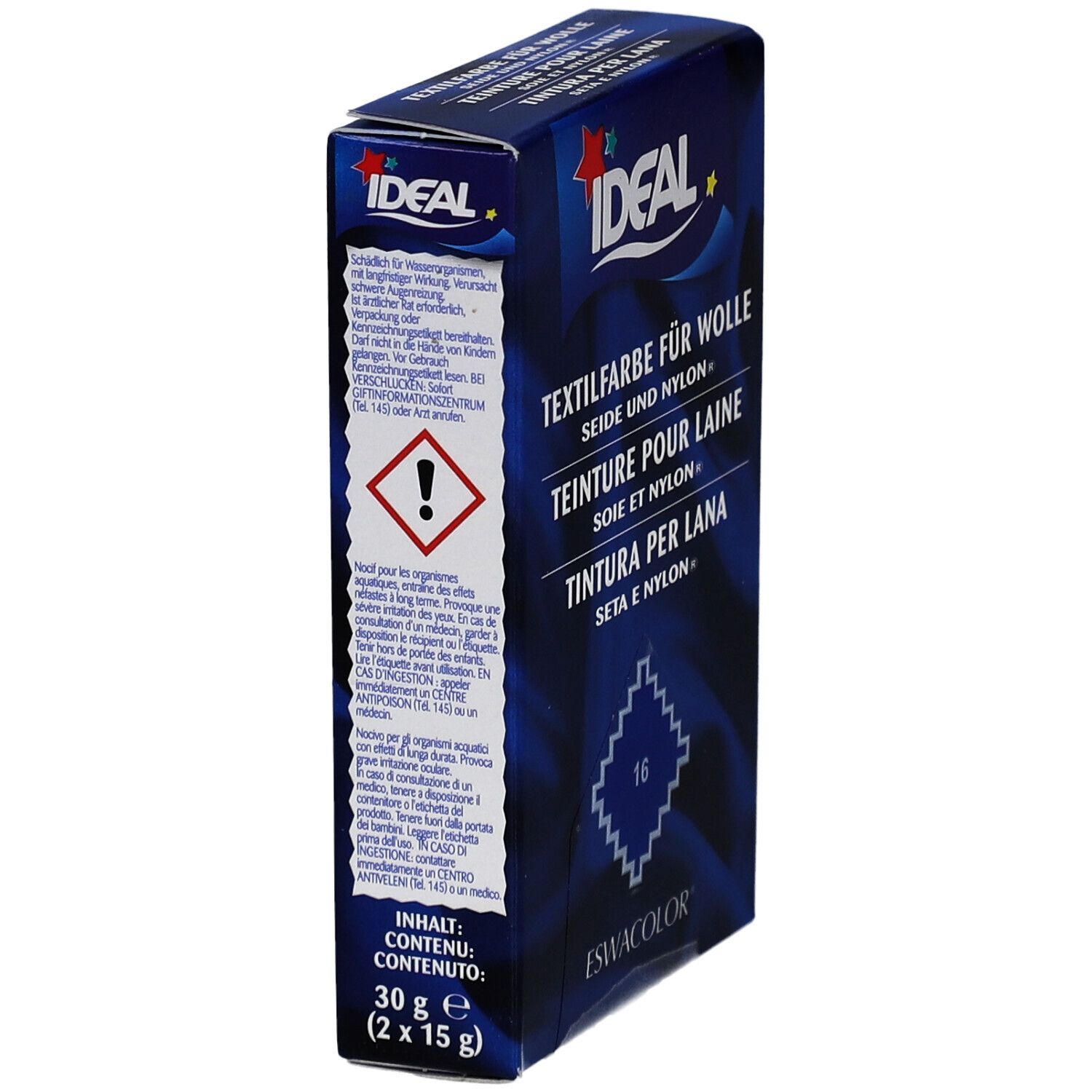 Boîte bleue de teinture textile IDEAL pour laine, soie et nylon. Contient 30g. Avertissement. Logo Eswacolor.