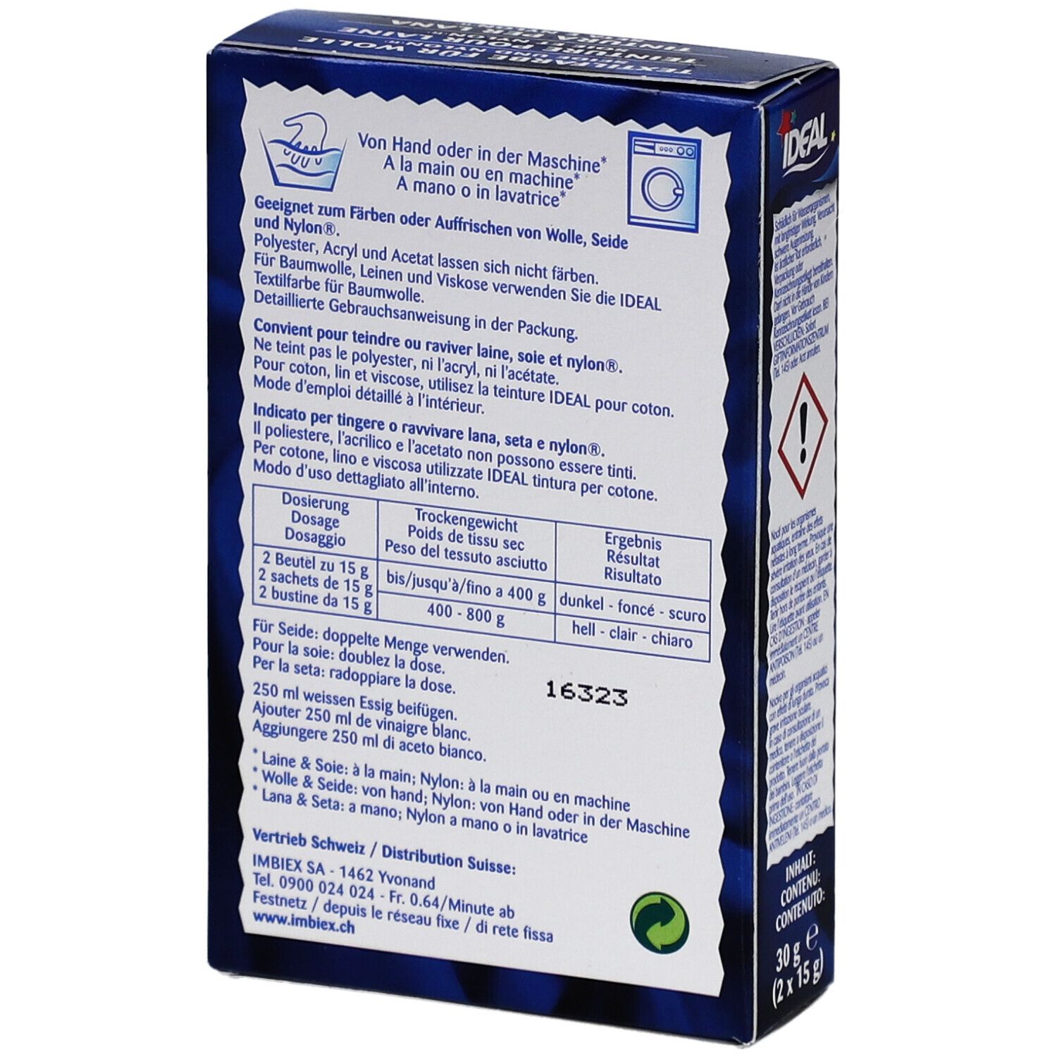 Dos de la boîte de teinture textile IDEAL bleue. Contient des informations sur l'utilisation et le dosage. 30g.