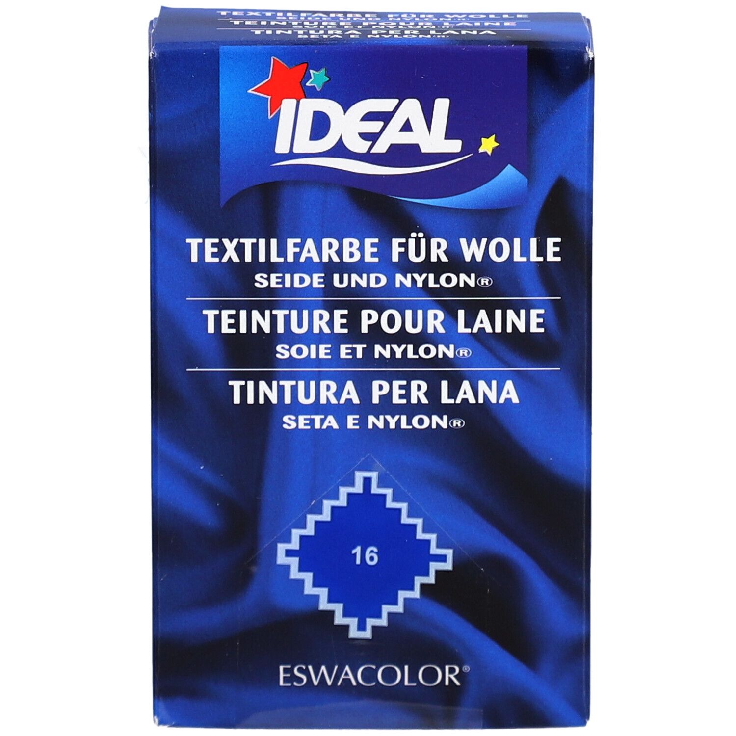 Boîte bleue de teinture textile IDEAL pour laine, soie et nylon. Numéro 16. Logo Eswacolor.