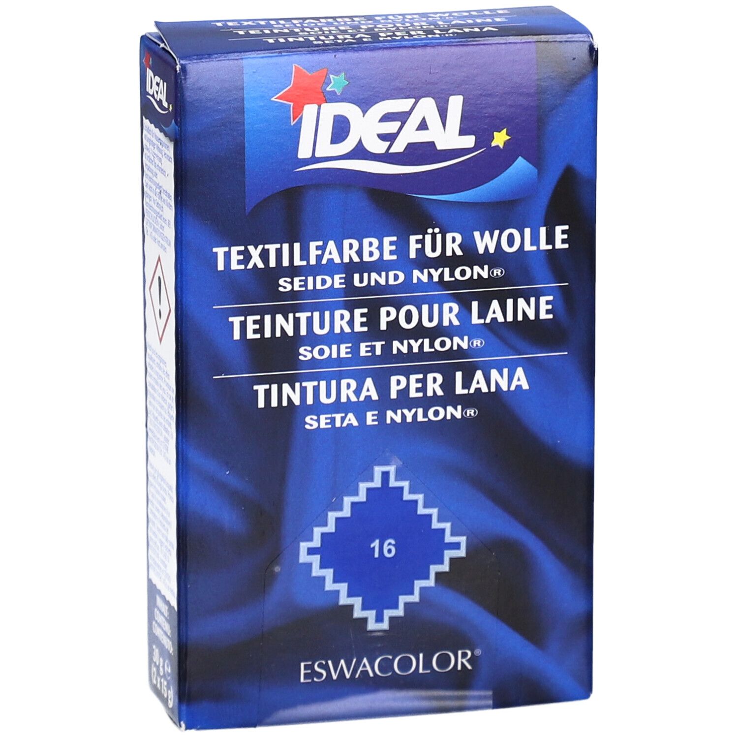 Boîte bleue de teinture textile IDEAL pour laine, soie et nylon. Numéro 16. Logo Eswacolor.